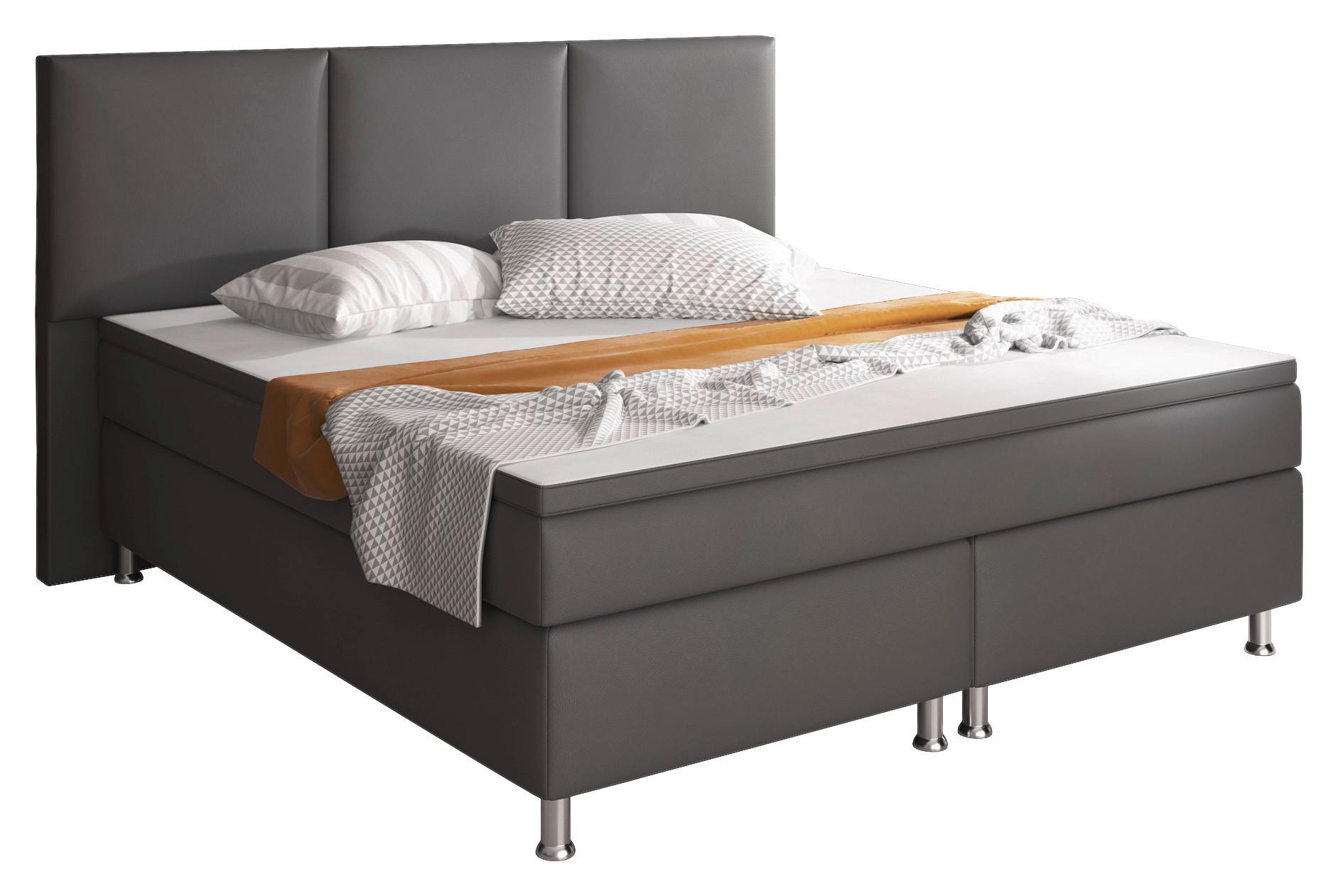 Boxspringbett Mit Topper Lederlook 180x200 Oslo - Anthrazit/Silberfarben, KONVENTIONELL, Leder/Textil (180/200cm) - MID.YOU