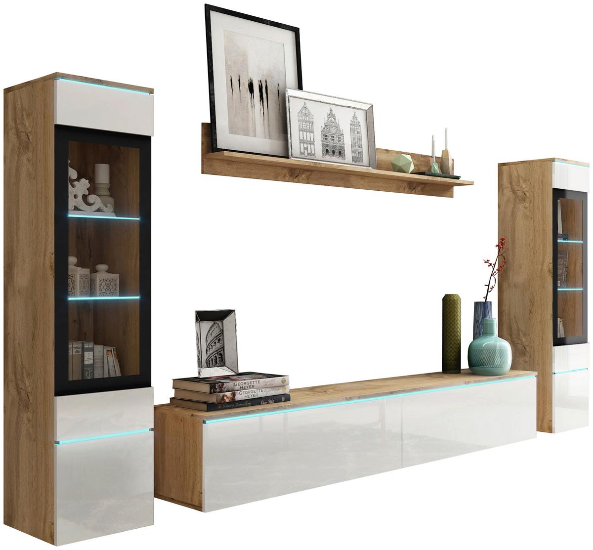 Obývacia stena s LED dekor dub Wotan/biela VL - sivá/biela s vysokým leskom, Lifestyle, kompozitné drevo/plast (240/130/33cm) - P & B