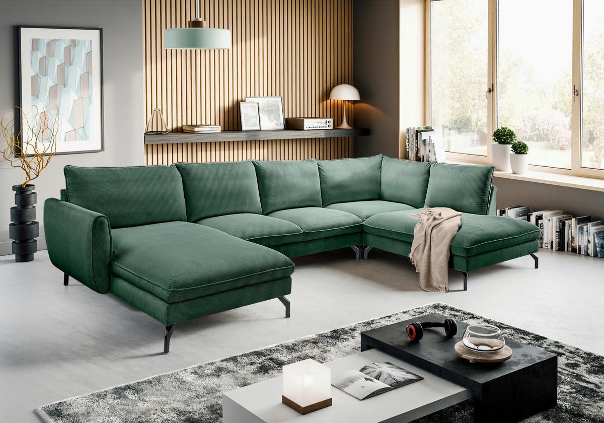 Wohnlandschaft Toronto Smaragdgrün U: 165x361x168cm - Smaragdgrün/Schwarz, Basics, Holz/Textil (165/361/168cm) - MID.YOU