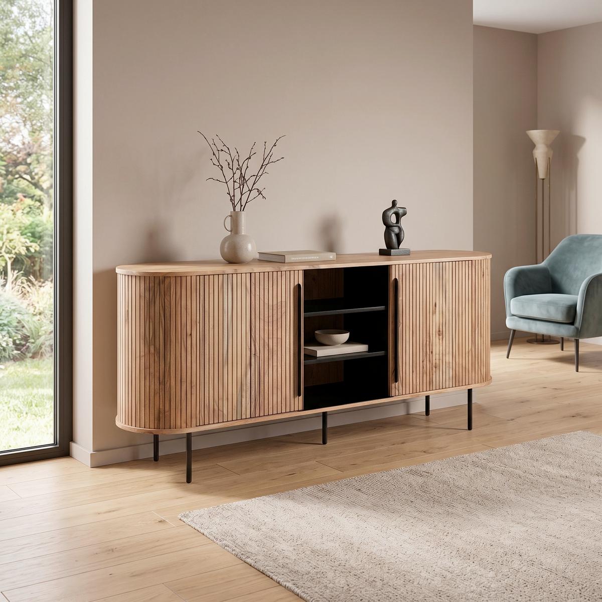 Kommode Kunja Akazie massiv, B: 175 cm - Schwarz/Akaziefarben, Trend, Holz/Metall (175/80/40cm)