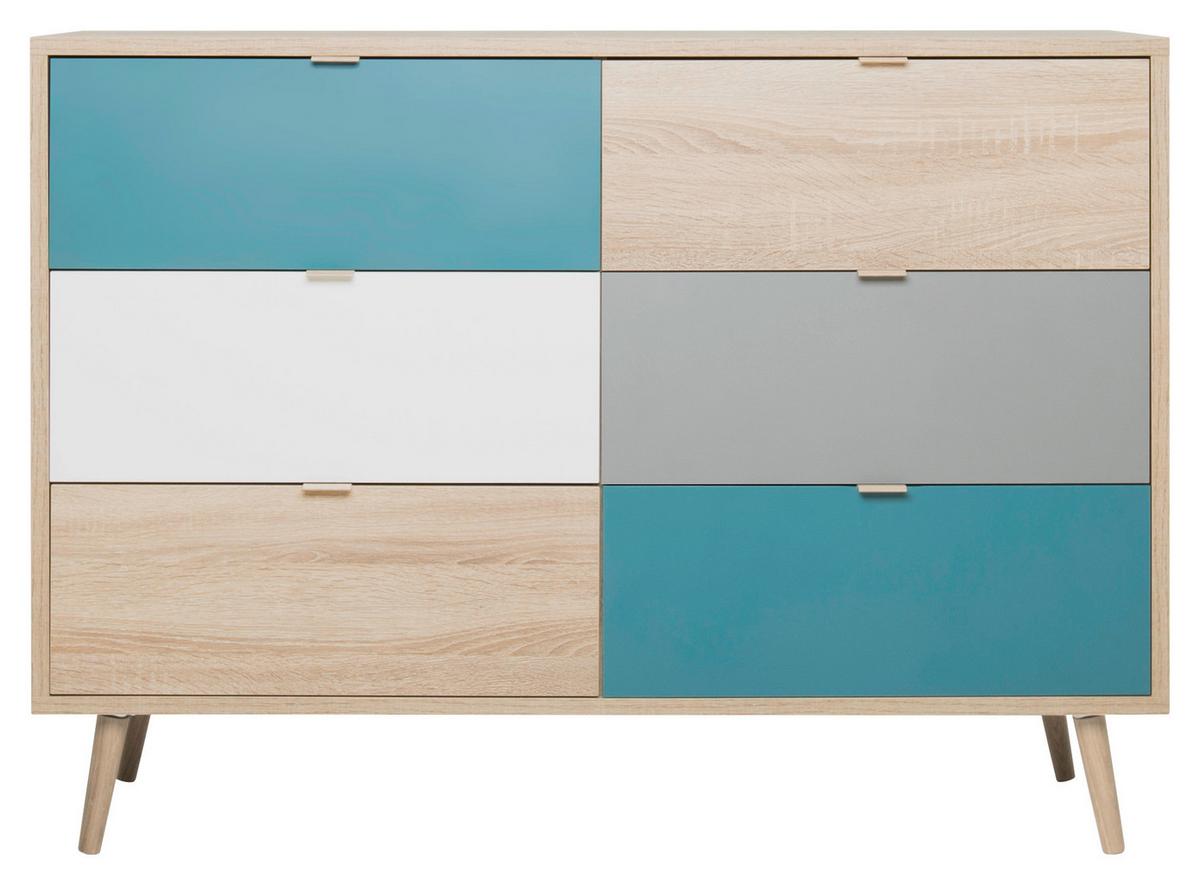 Kommode B 120cm Cuba 3-trend, Eiche Dekor/grau, Weiß, Petrol - Eichefarben/Petrol, Trend, Holzwerkstoff (120/85/40cm) - MID.YOU