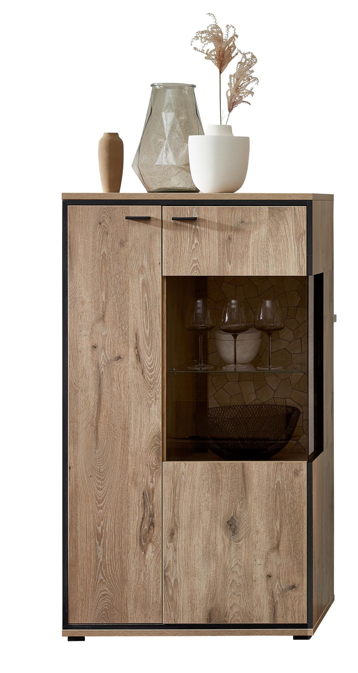 Wohnkombination Schwarz, Eiche Dekor 3 -Teilig. - Eichefarben/Schwarz, KONVENTIONELL, Glas/Holzwerkstoff (275/183/49cm) - Livetastic