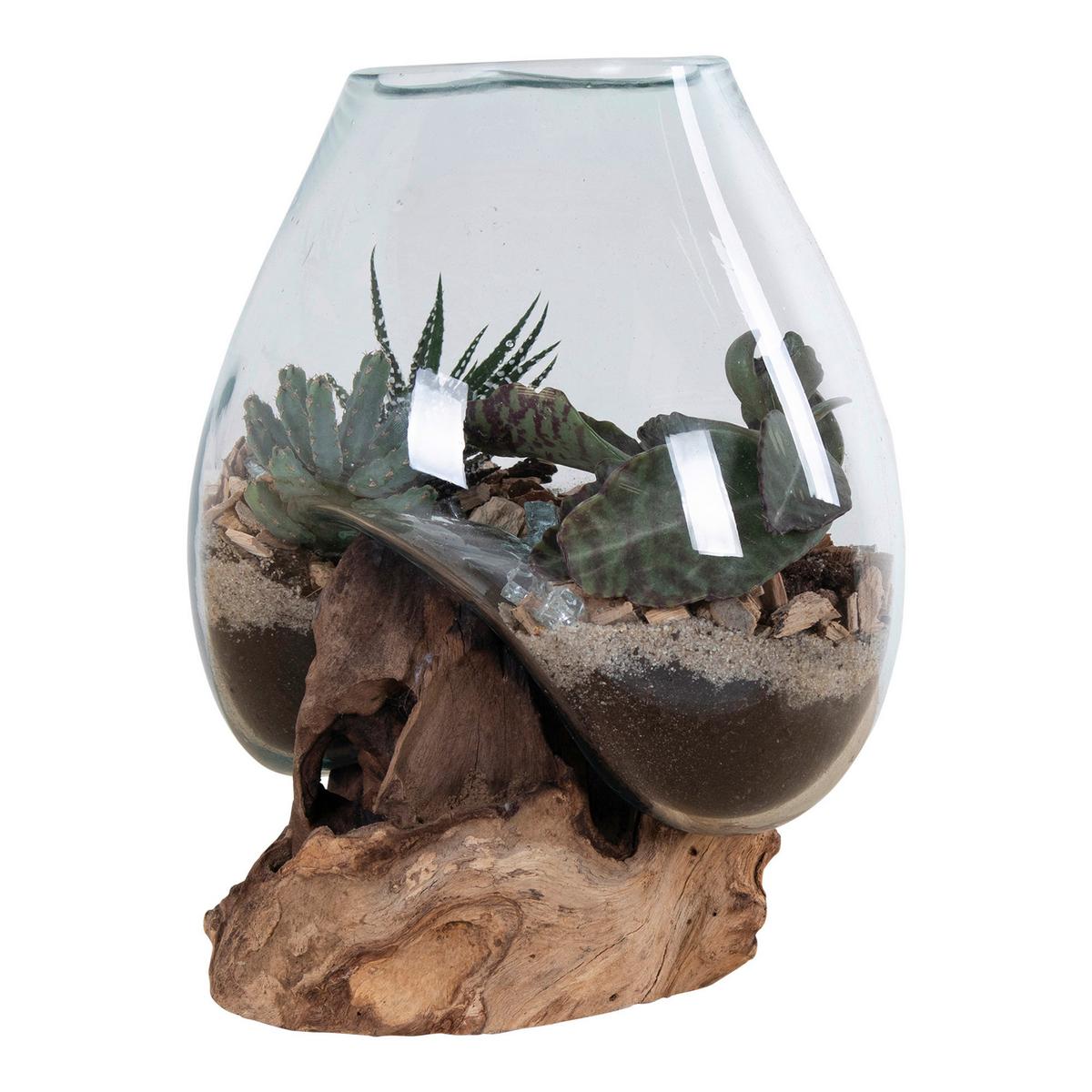 Vase Transparent Teakfarben B: 18cm - Transparent/Teakfarben, Design, Glas/Holz (18/20/15cm)