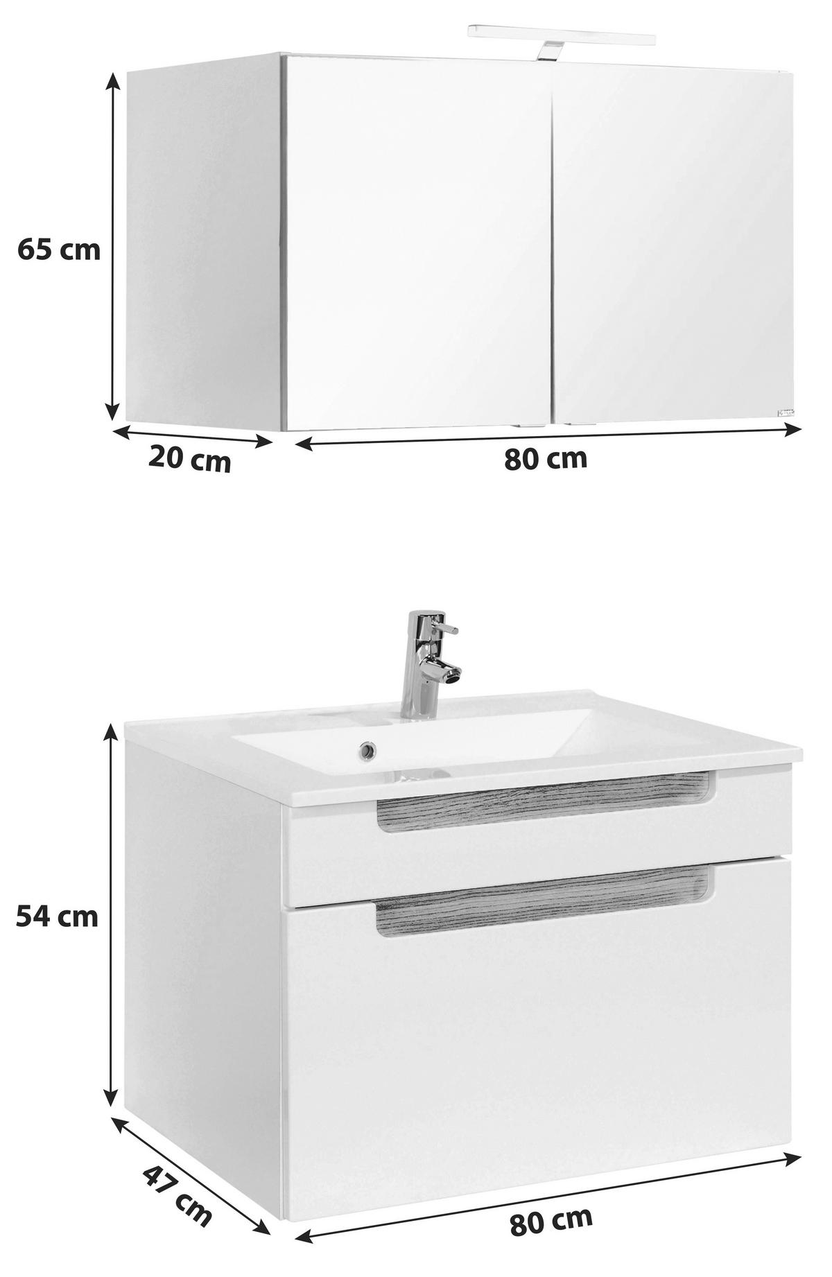 Badmöbel-set 3-tlg. Inkl. Led Siena B: 80cm, Weiß - Weiß/Silbereichenfarben, MODERN, Holzwerkstoff/Stein (80cm) - Held
