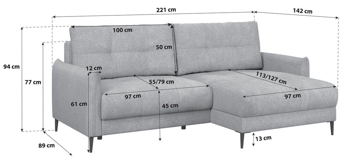 Ecksofa Polis Webstoff grau, 221x142cm - Schwarz/Grau, Trend, Textil (221/142cm) - Ondega