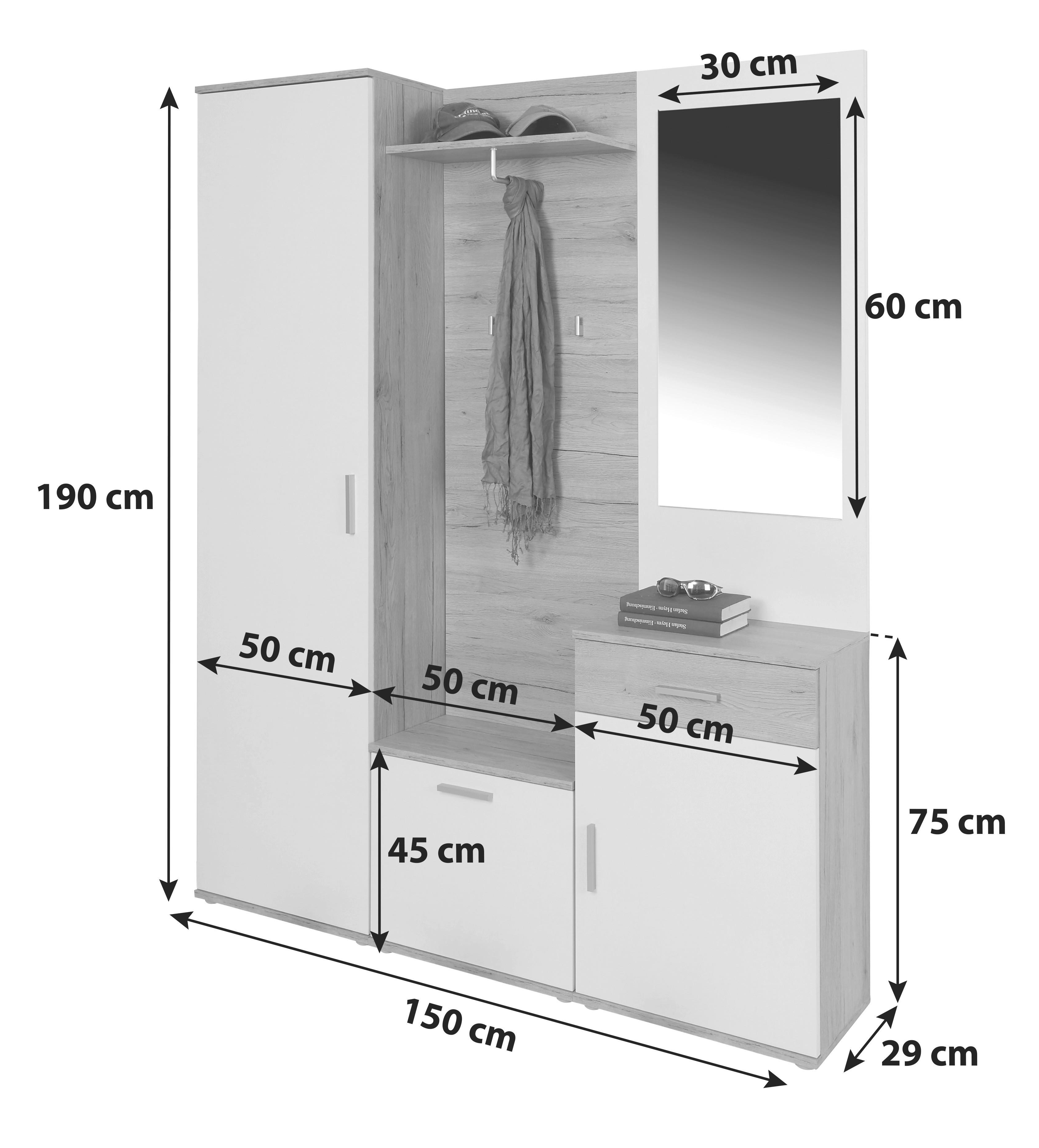 Garderobe Mia Eiche Dekor/Weiß B: 150 cm Mit Spiegel