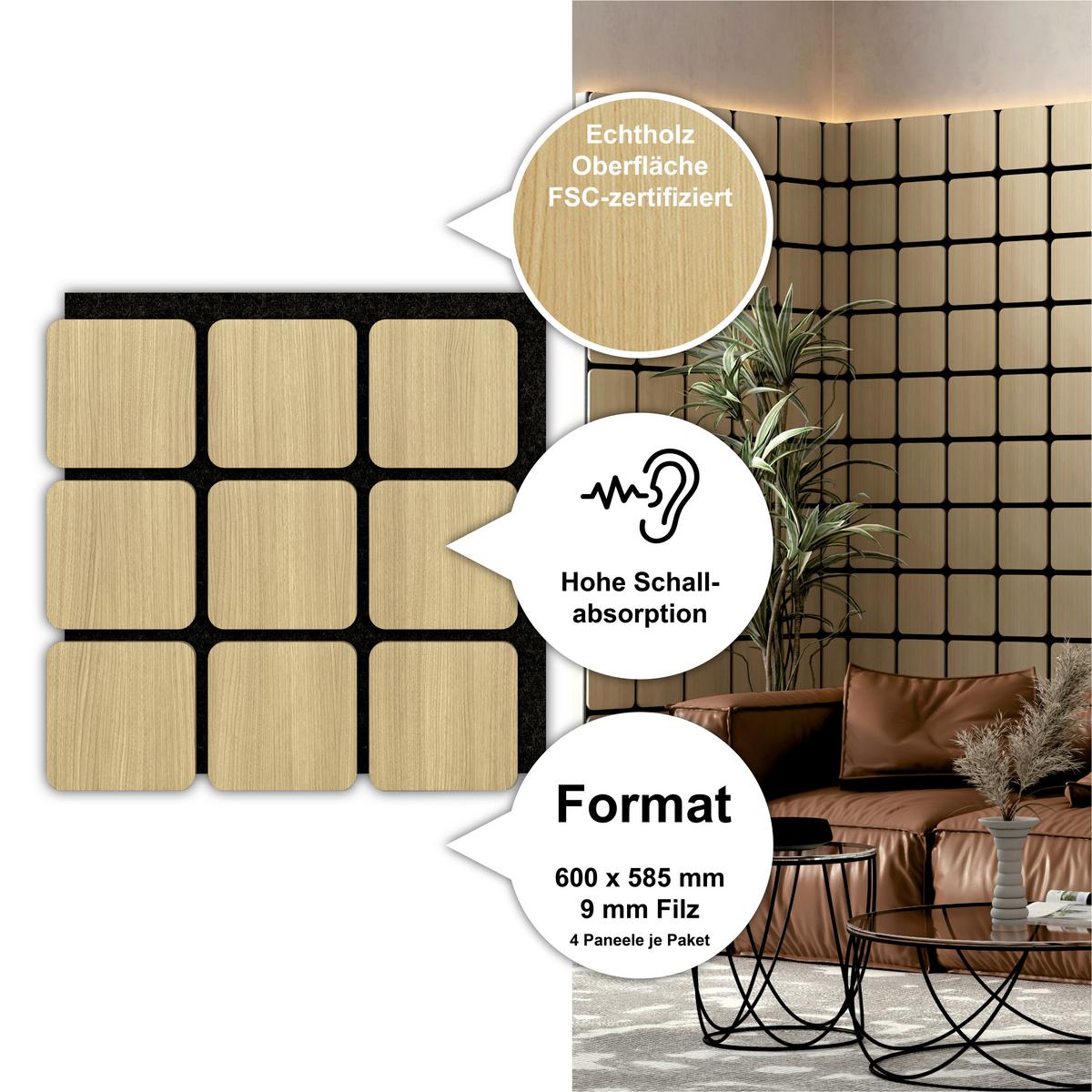 Akustikpaneel Sonido Quadrum - Hellbraun/Eichefarben, Basics, Holzwerkstoff/Kunststoff (60/58.5/1.8cm) - Novel