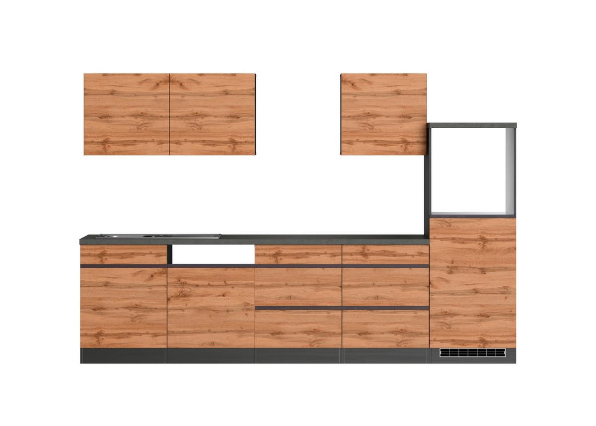 Küchenzeile Turin ohne Geräte B: 300 cm Graphitfarben/Eiche - Eiche Wotan/Graphitfarben, Design, Holzwerkstoff (300cm) - Held