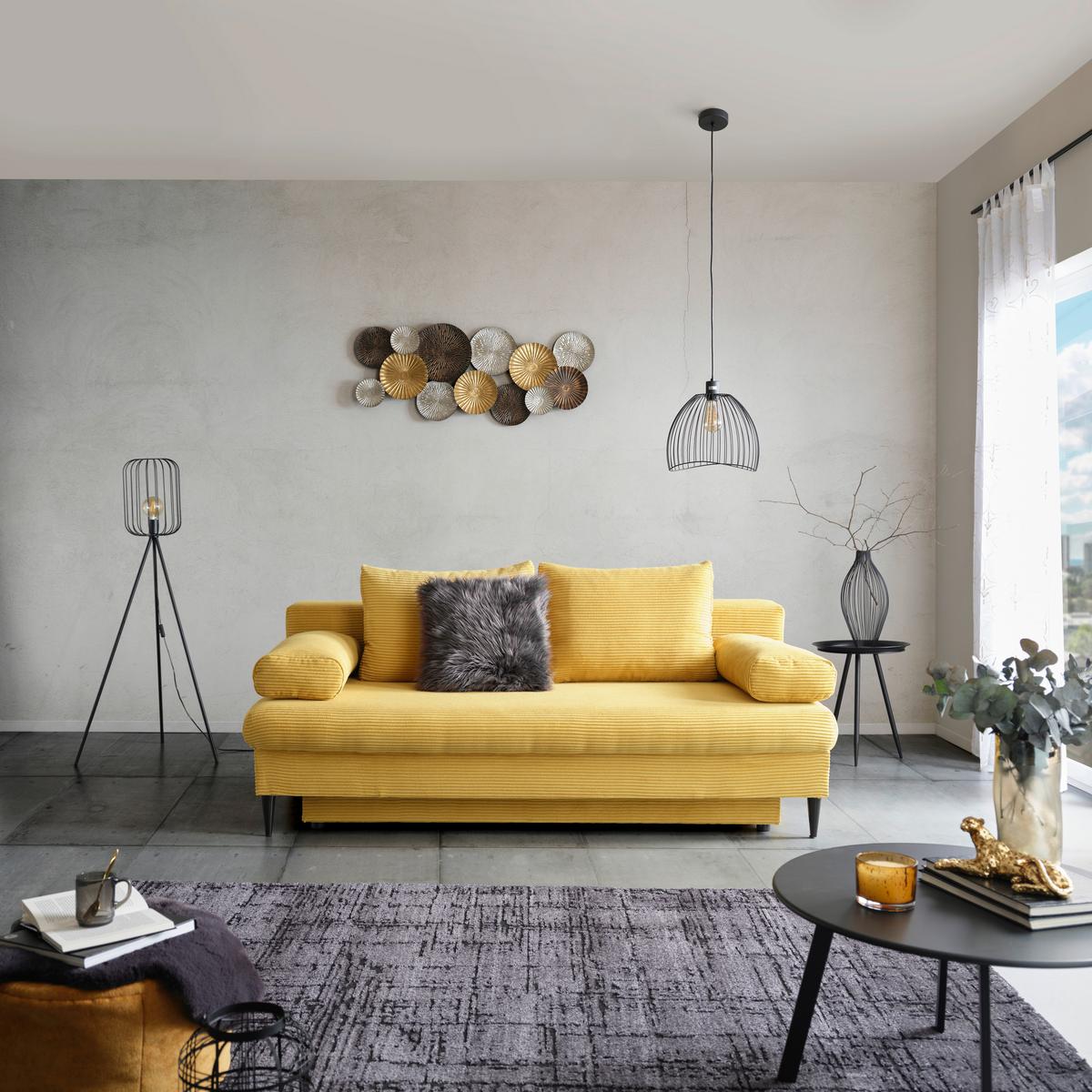 Pohovka MILANO, žlutá, s lůžkem a úložným prostorem - černá/žlutá, Moderní, dřevo/textil (200/95/95cm)