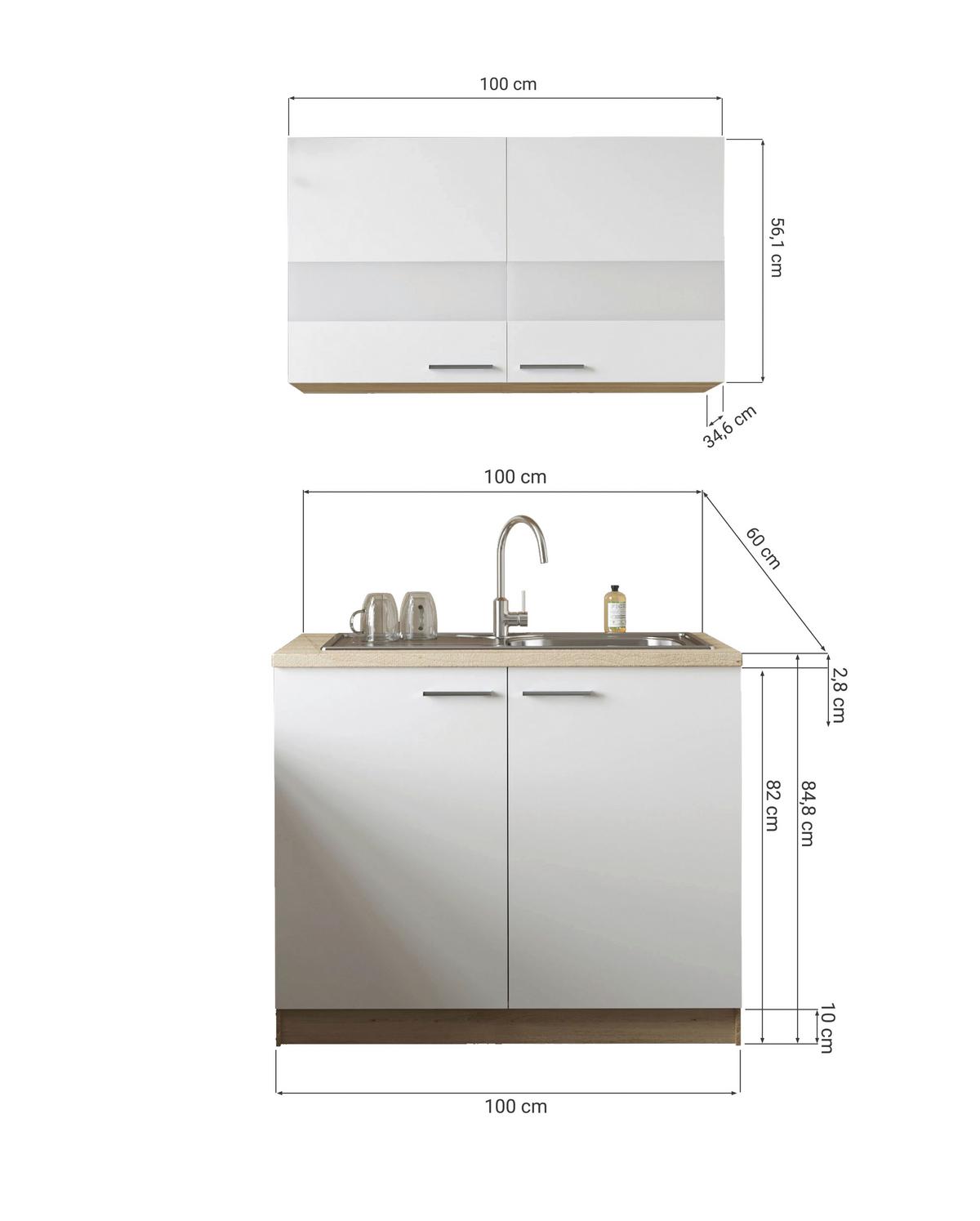 Miniküche Merle Weiß/Eiche Dekor B:100cm - Eichefarben/Weiß, Basics, Glas/Holzwerkstoff (100cm) - Respekta