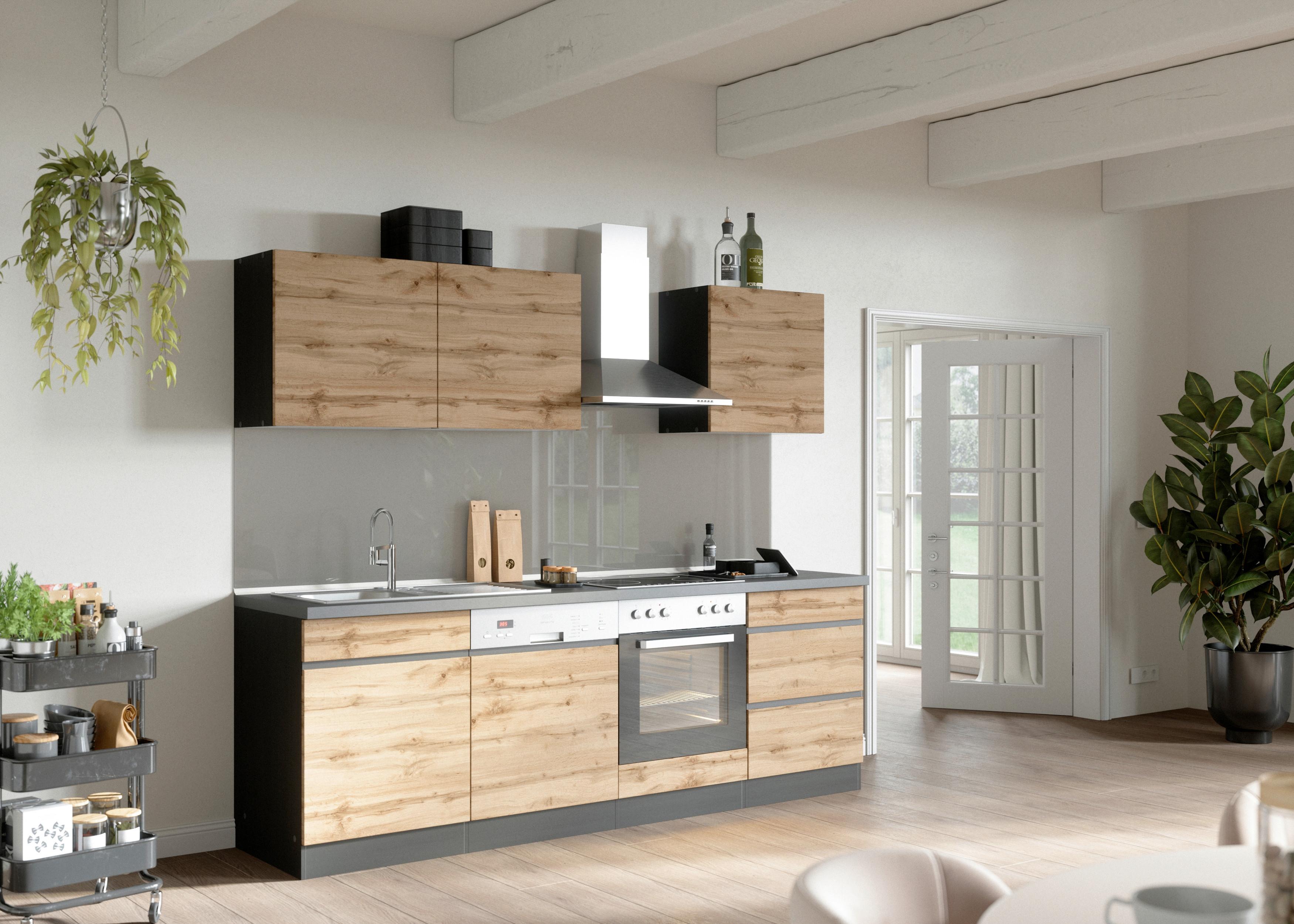 Küchenzeile Turin Mit Geräte B: 240 Cm Graphit/eiche Dekor - Eiche Wotan/Graphitfarben, Design, Holzwerkstoff (240cm) - Held