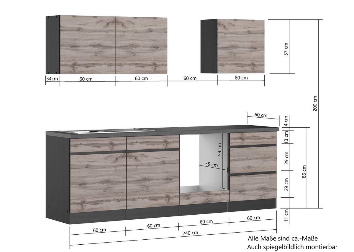 Küchenzeile Turin ohne Geräte 240 cm Grau/Eichefarben - Eiche Wotan/Grau, Design, Holzwerkstoff (240cm) - Held