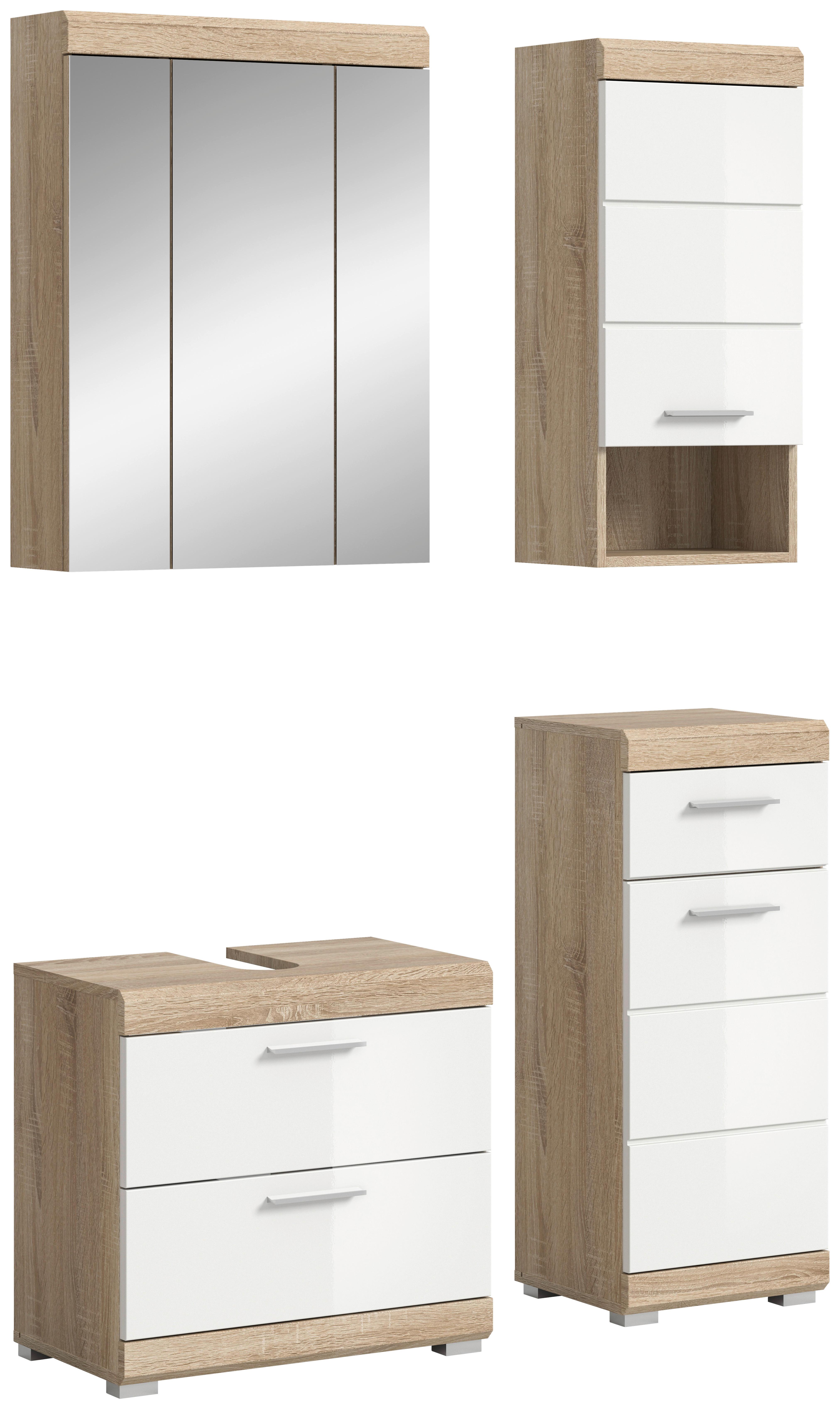 Badezimmer Lambada Eiche Dekor/Weiß B: 97 cm - Weiß Hochglanz/Silberfarben, MODERN, Glas/Holzwerkstoff (97cm) - MID.YOU
