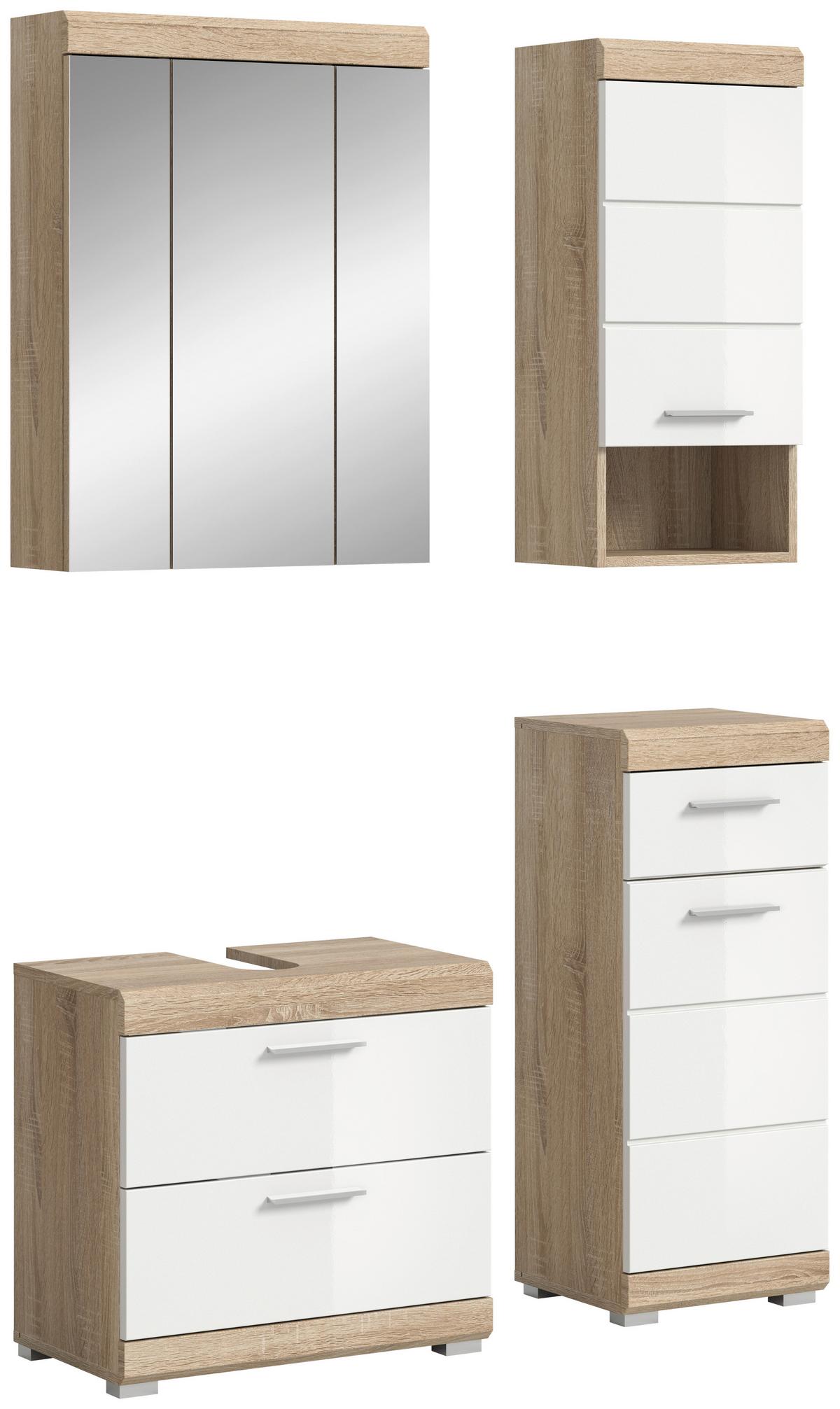 Badezimmer Lambada Eiche Dekor/Weiß B: 97 cm - Weiß Hochglanz/Silberfarben, MODERN, Glas/Holzwerkstoff (97cm) - MID.YOU