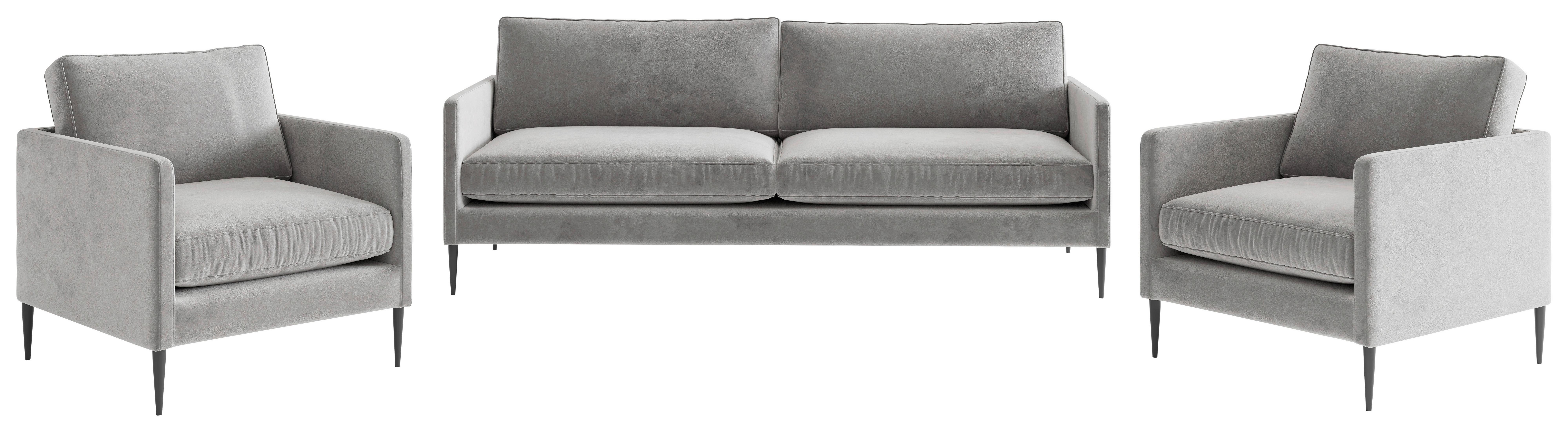 Sitzgarnitur Justin 3-Teilig Hellgrau B: 210 cm - Edelstahlfarben/Hellgrau, Design, Textil (210/80/84cm) - Livetastic