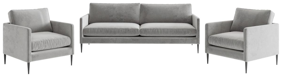 Sitzgarnitur Justin 3-teilig Hellgrau B: 210 Cm - Edelstahlfarben/Hellgrau, Design, Textil (210/80/84cm) - Livetastic