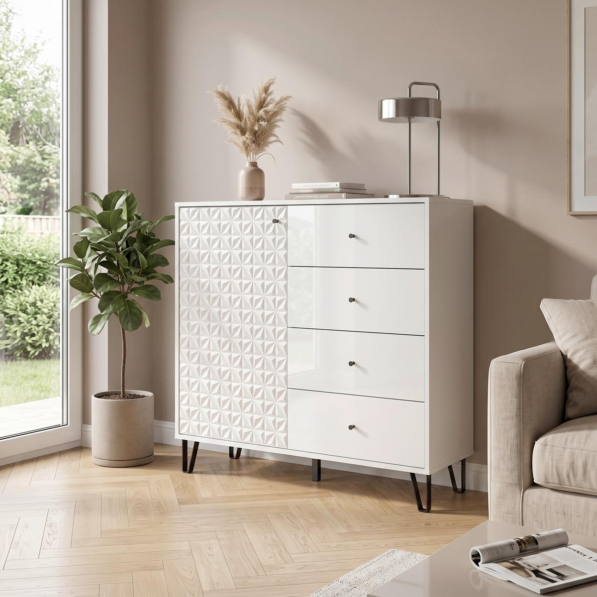 Félmagas Szekrény Prisma - magasfényű fehér, Design, faalapú anyag (110/96/40cm) - Livetastic