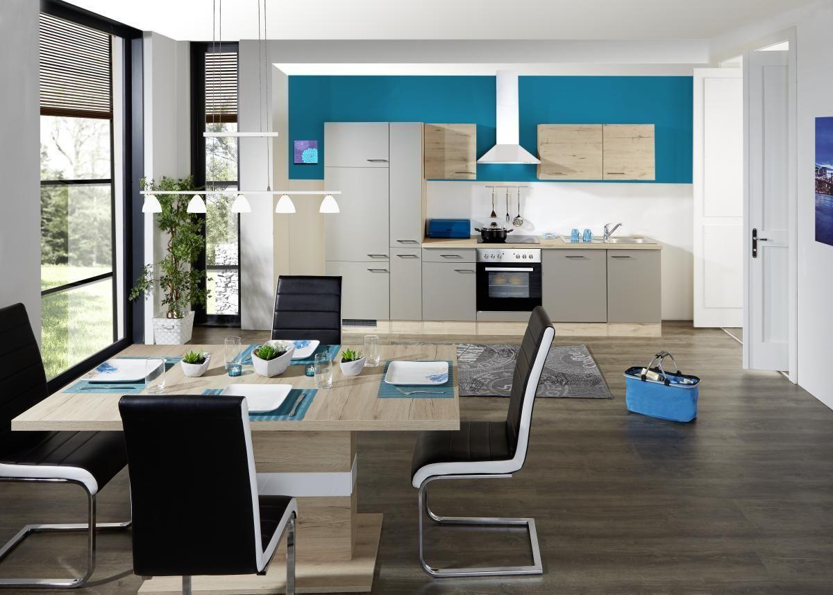 Küchenzeile Riva mit Geräten 310 cm Champagner/Eiche Dekor - Eichefarben, MODERN, Holzwerkstoff (310cm) - FlexWell