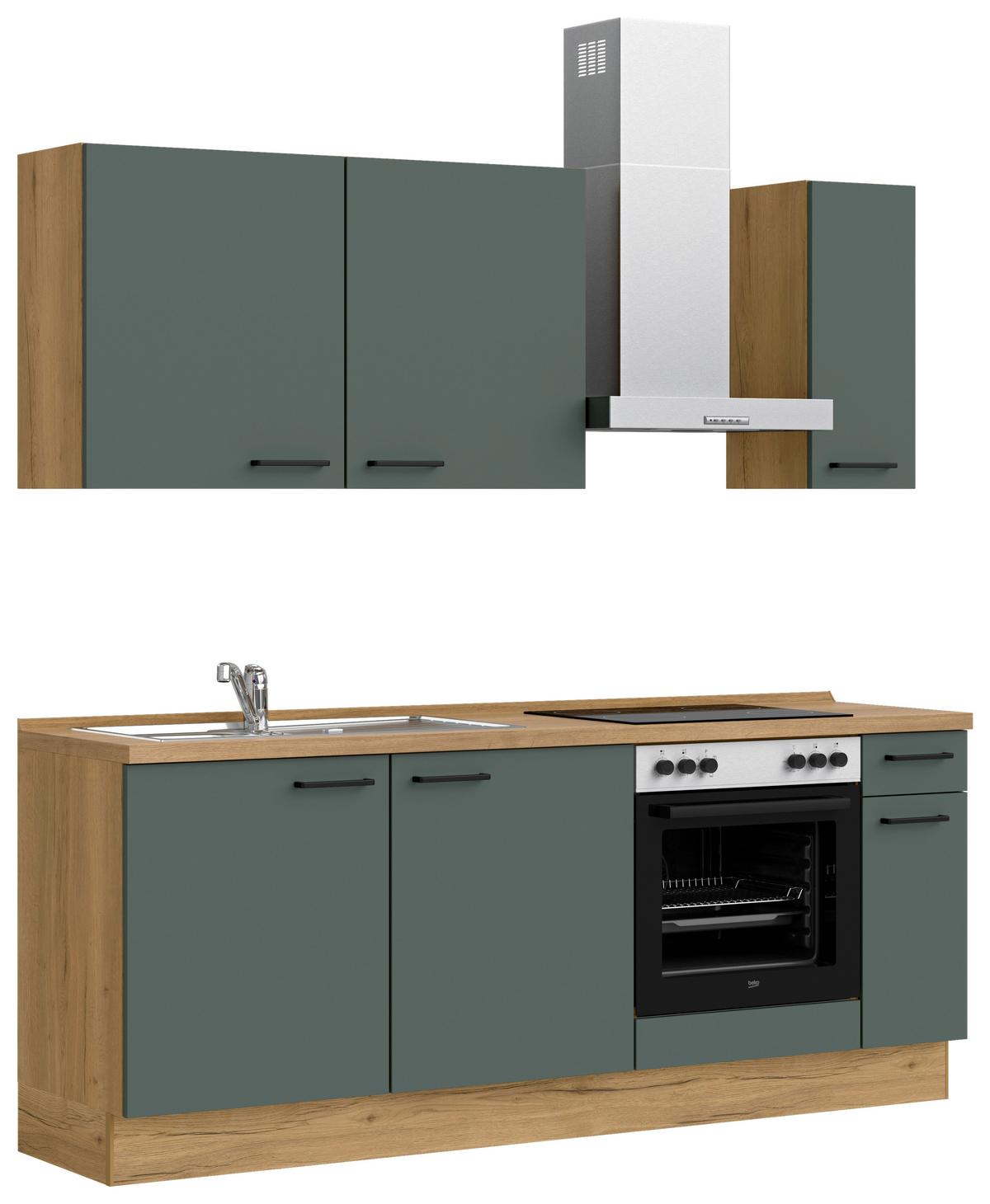 Kuchyňská linka 210 cm, minerální zelená,ultra matná - barvy dubu/černá, Moderní, kov/kompozitní dřevo (210cm) - Nobilia