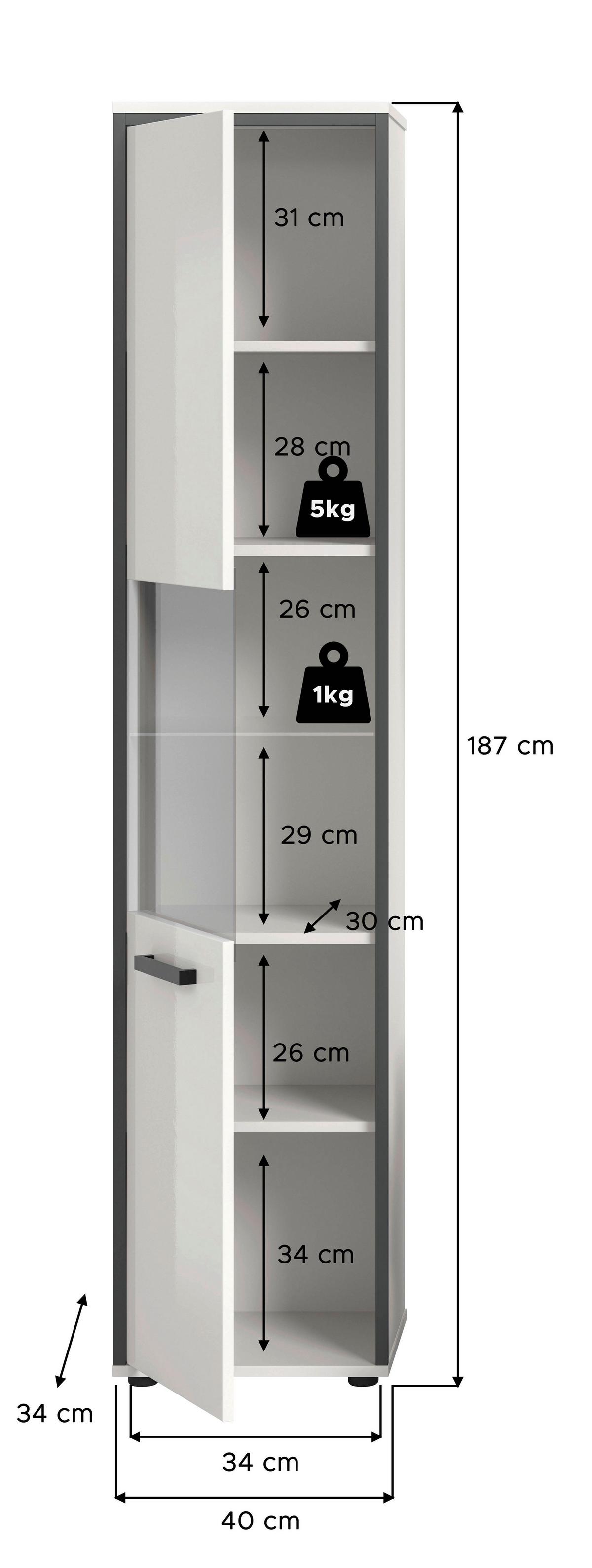 Hochschrank Kojak, Weiß Hochglanz B: 40 Cm - Weiß Hochglanz/Schwarz, MODERN, Holzwerkstoff (40/188/34cm) - MID.YOU