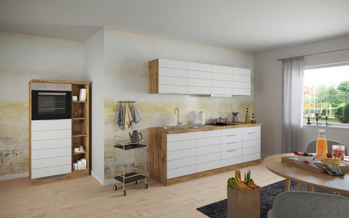 Küchenzeile Florenz ohne Geräte 330 cm Weiß/Eichef. - Eiche Wotan/Weiß, Design, Holzwerkstoff (330cm) - Held