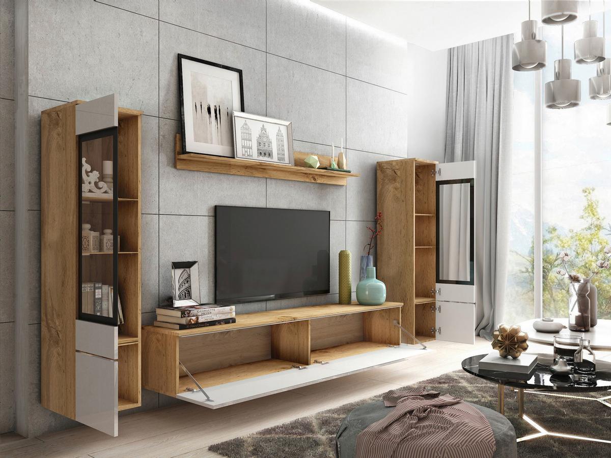 Obývacia stena s LED dekor dub Wotan/biela VL - sivá/biela s vysokým leskom, Lifestyle, kompozitné drevo/plast (240/130/33cm) - P & B