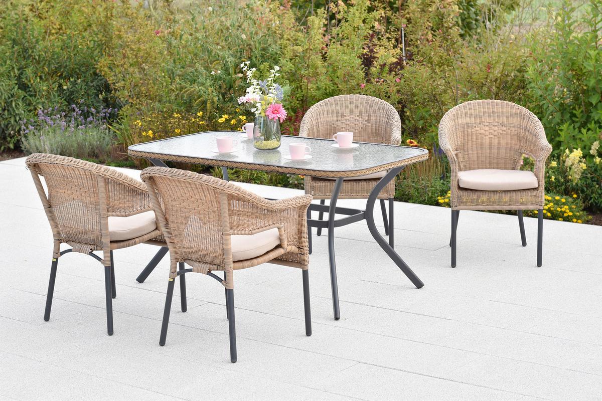 Gartentischgruppe Ravenna 5tlg. Set Inkl. Sitzkissen - Beige/Graphitfarben, KONVENTIONELL, Glas/Kunststoff - Gardenson