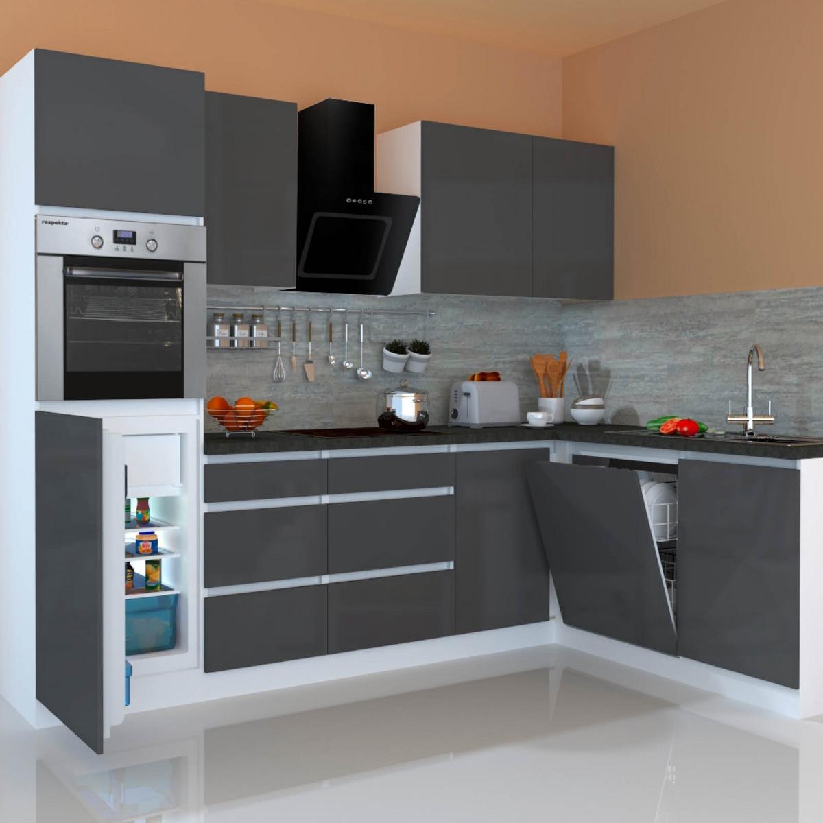 Küchenzeile Premium M. Geräten 280 Cm Weiß/grau Modern - Grau Hochglanz/Weiß, MODERN, Holzwerkstoff (280/172cm) - Respekta