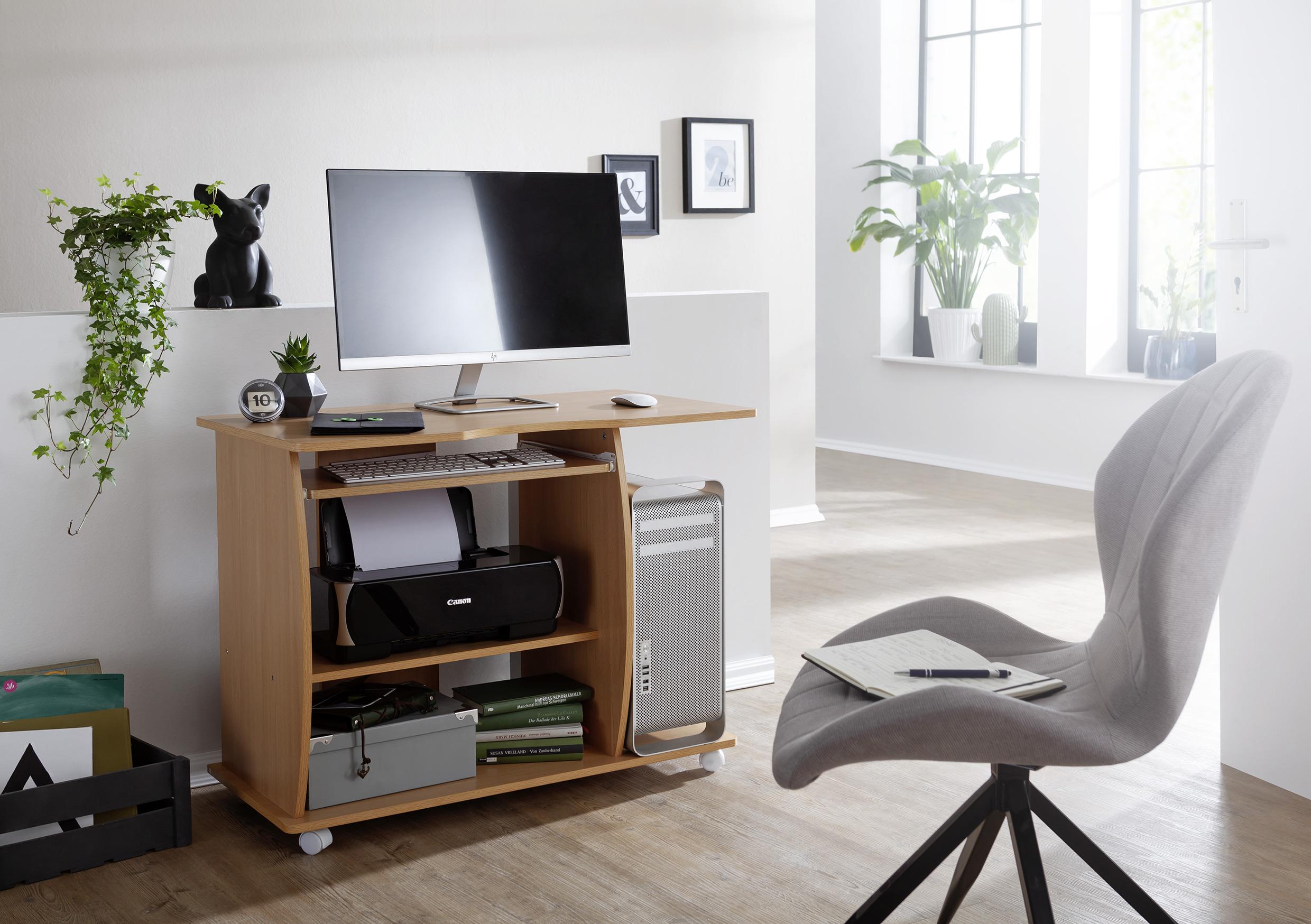 Schreibtisch mit Tastaturauszug und Rollen