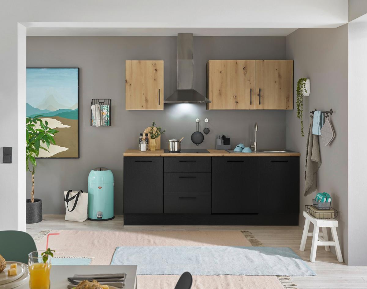 Kuchyňská linka TURIN bez spotřebičů, šíŕka 220 cm - černá/dub artisan, Moderní, kov/kompozitní dřevo (220cm)