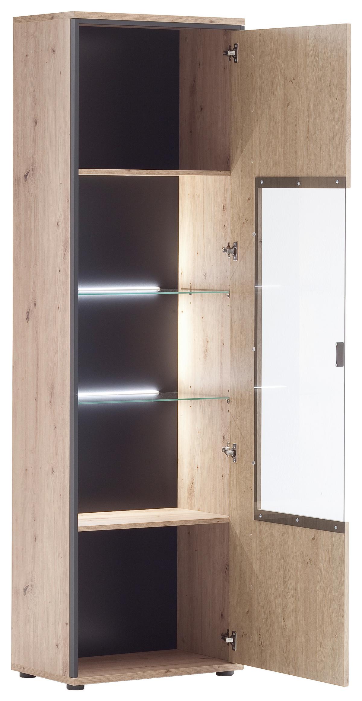 Vitrine Buenos Aires B: 63 cm Anthrazit/Eichefarben - Klar/Eichefarben, Design, Glas/Holzwerkstoff (63/210/38cm) - MID.YOU