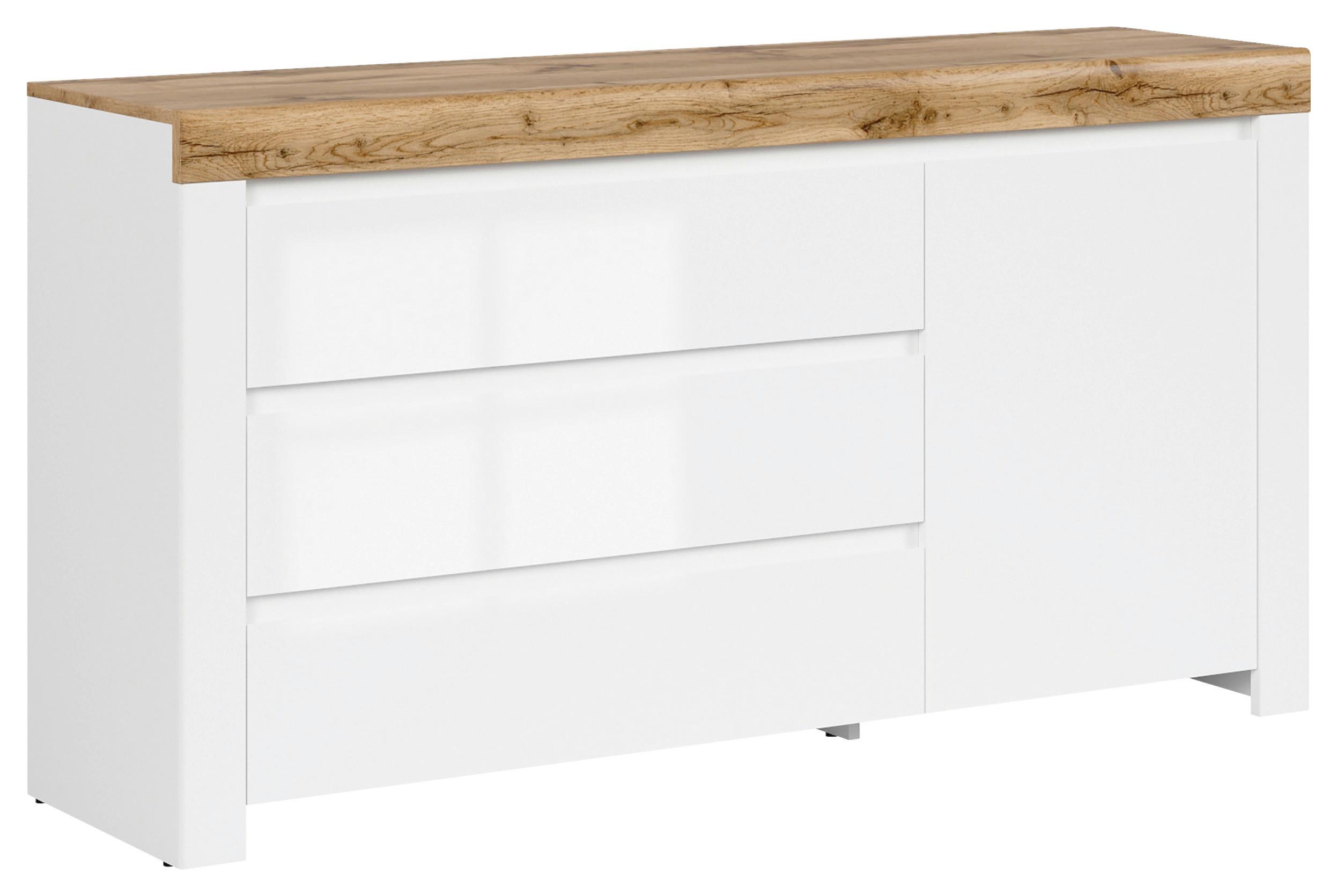Kommode Holten Chest Of Drawers - Weiß Hochglanz/Eiche Wotan, Design, Holzwerkstoff (156/83,5/42cm)