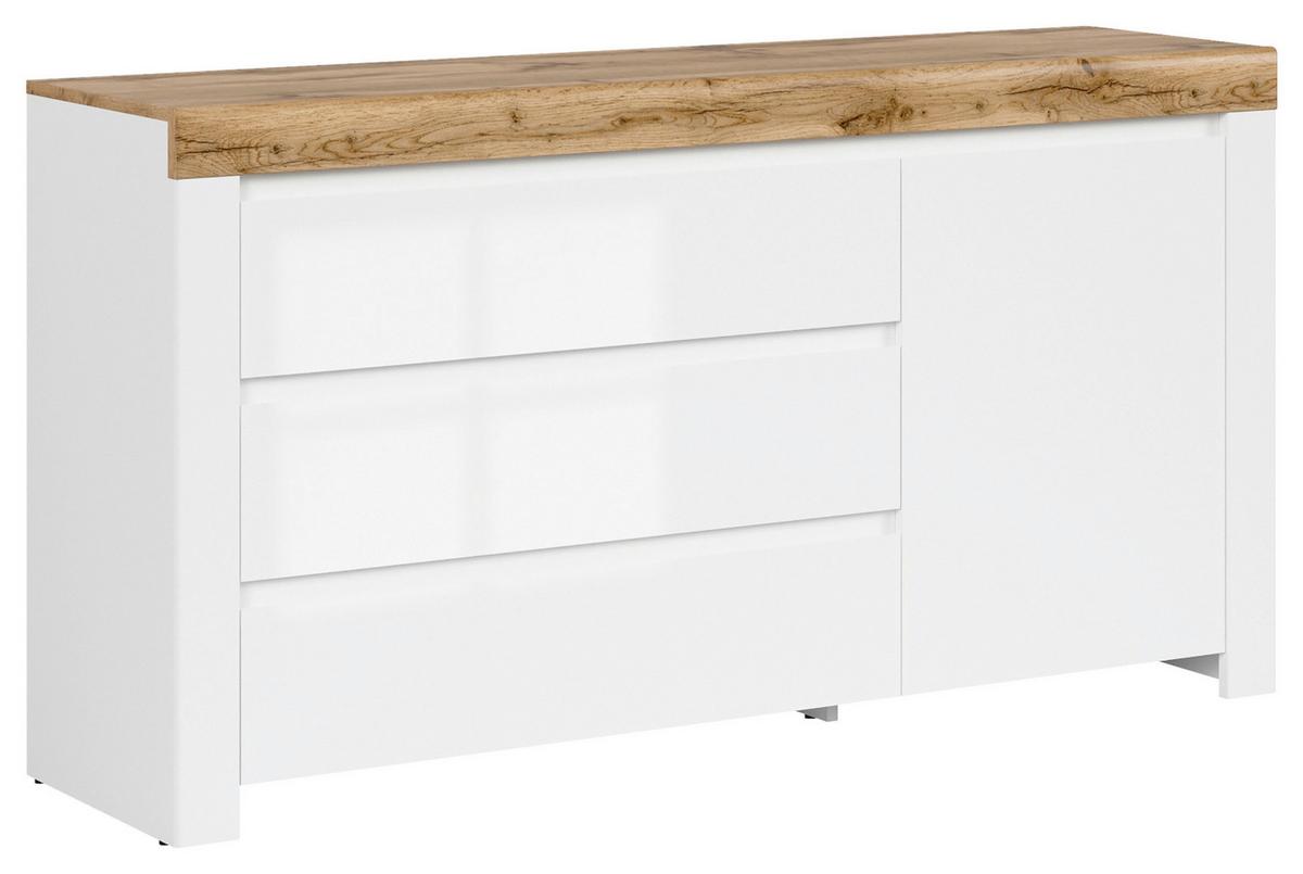 Kommode Holten Chest Of Drawers - Weiß Hochglanz/Eiche Wotan, Design, Holzwerkstoff (156/83,5/42cm)