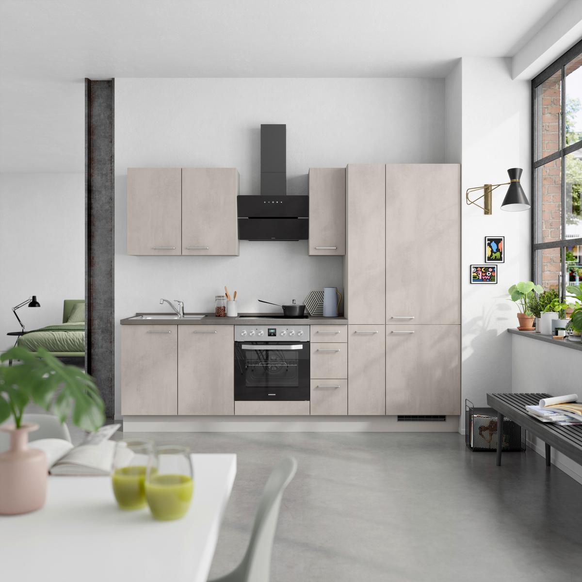 Kuchynská linka 270 cm, šedý betón/ kamenná šedá - sivá/farba ušľachtilej ocele, Modern, kov/kompozitné drevo (270cm) - Nobilia