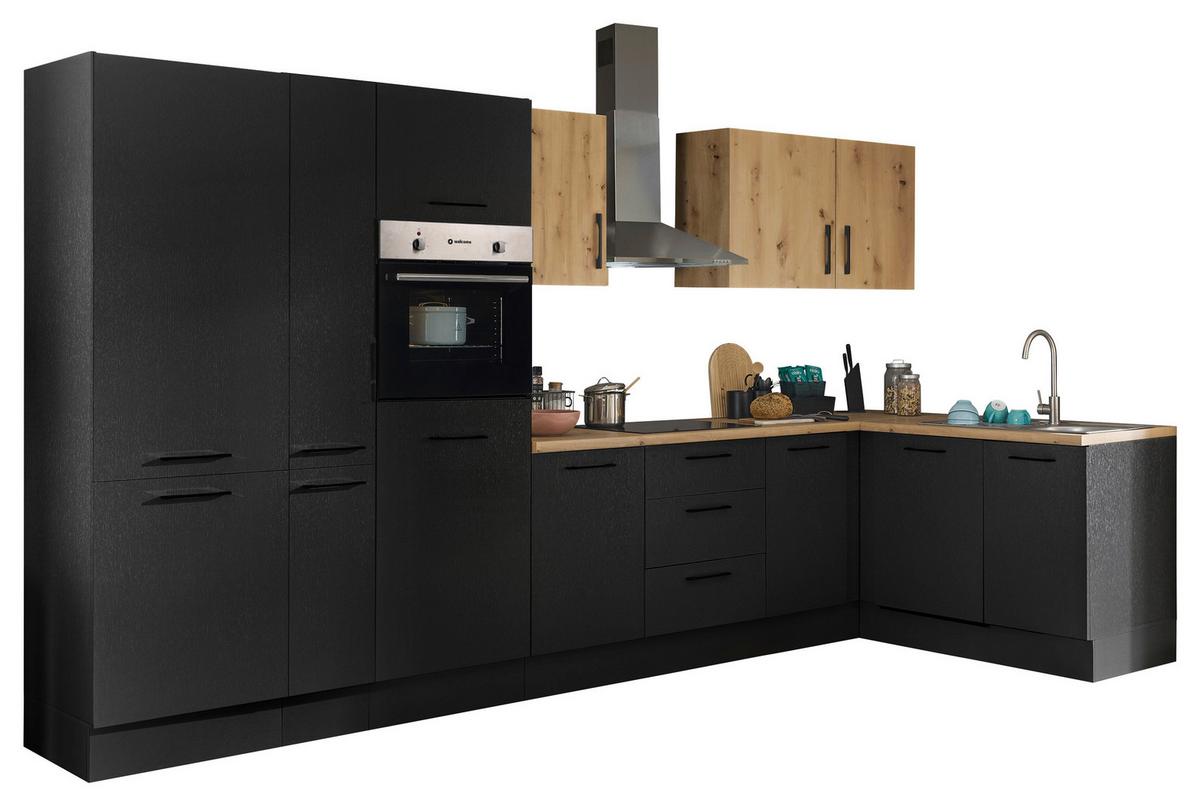 Eckküche Turin Schwarz/Eiche Dekor 370x175 cm - Schwarz/Eiche Artisan, Basics, Holzwerkstoff (370/175cm) - MID.YOU