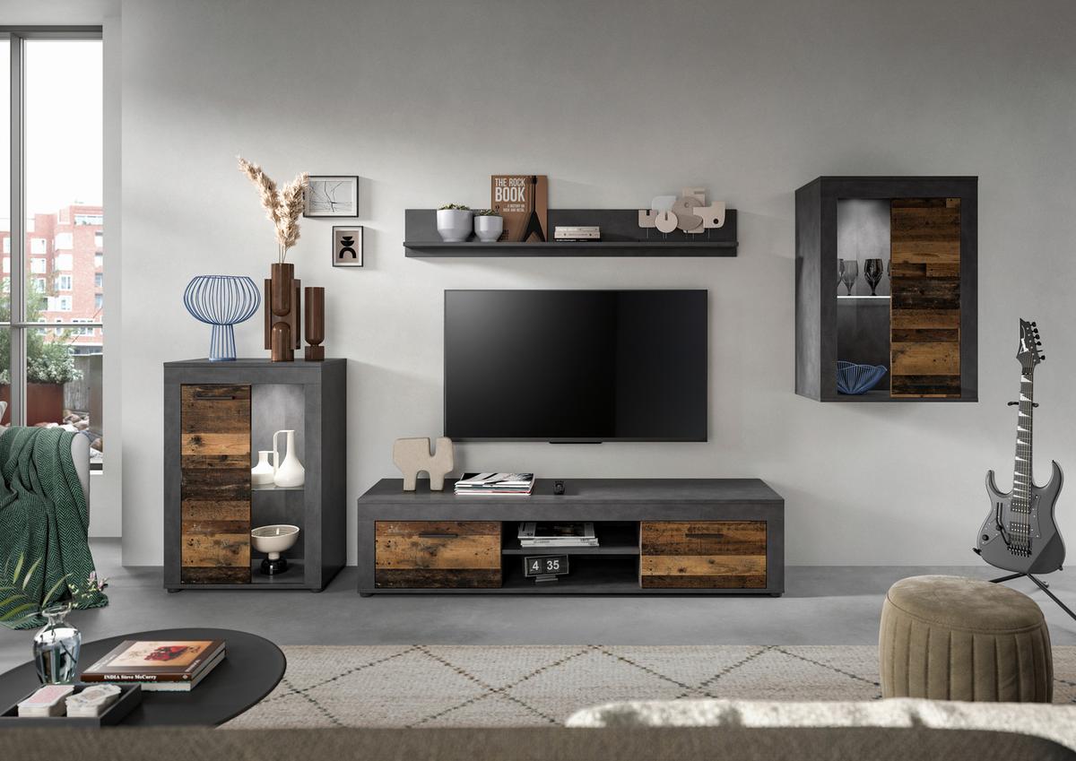 Wohnwand Jam Grau/Naturfarben B: 310 cm - Schwarz/Naturfarben, Design, Glas/Holzwerkstoff (310/169/35cm) - MID.YOU