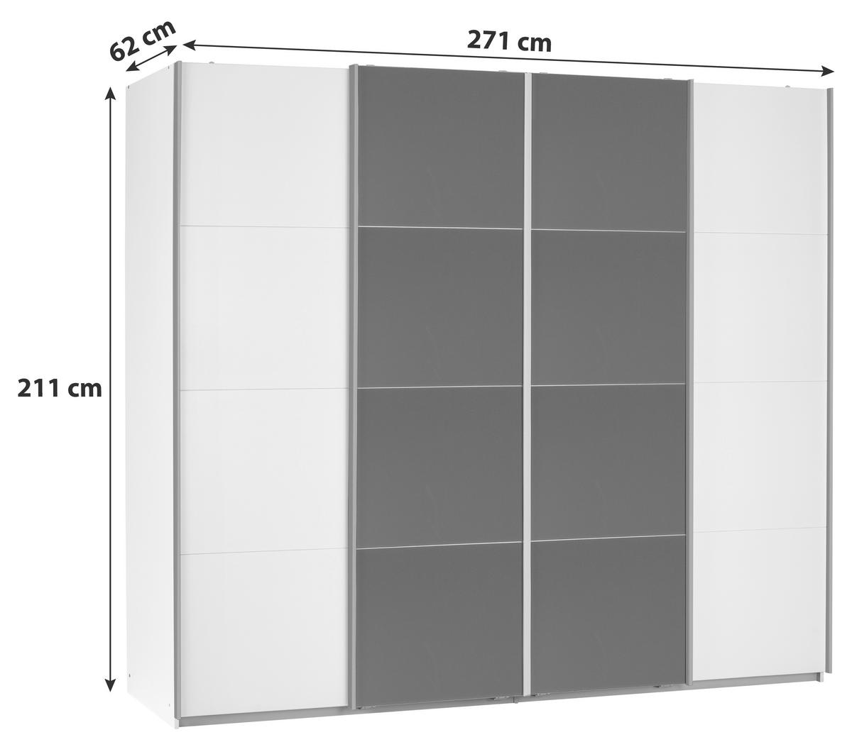 Schwebetürenschrank 271cm Bensheim, Weiß/Basalt - Dunkelgrau/Weiß, MODERN, Glas/Holzwerkstoff (271/211/62cm) - James Wood