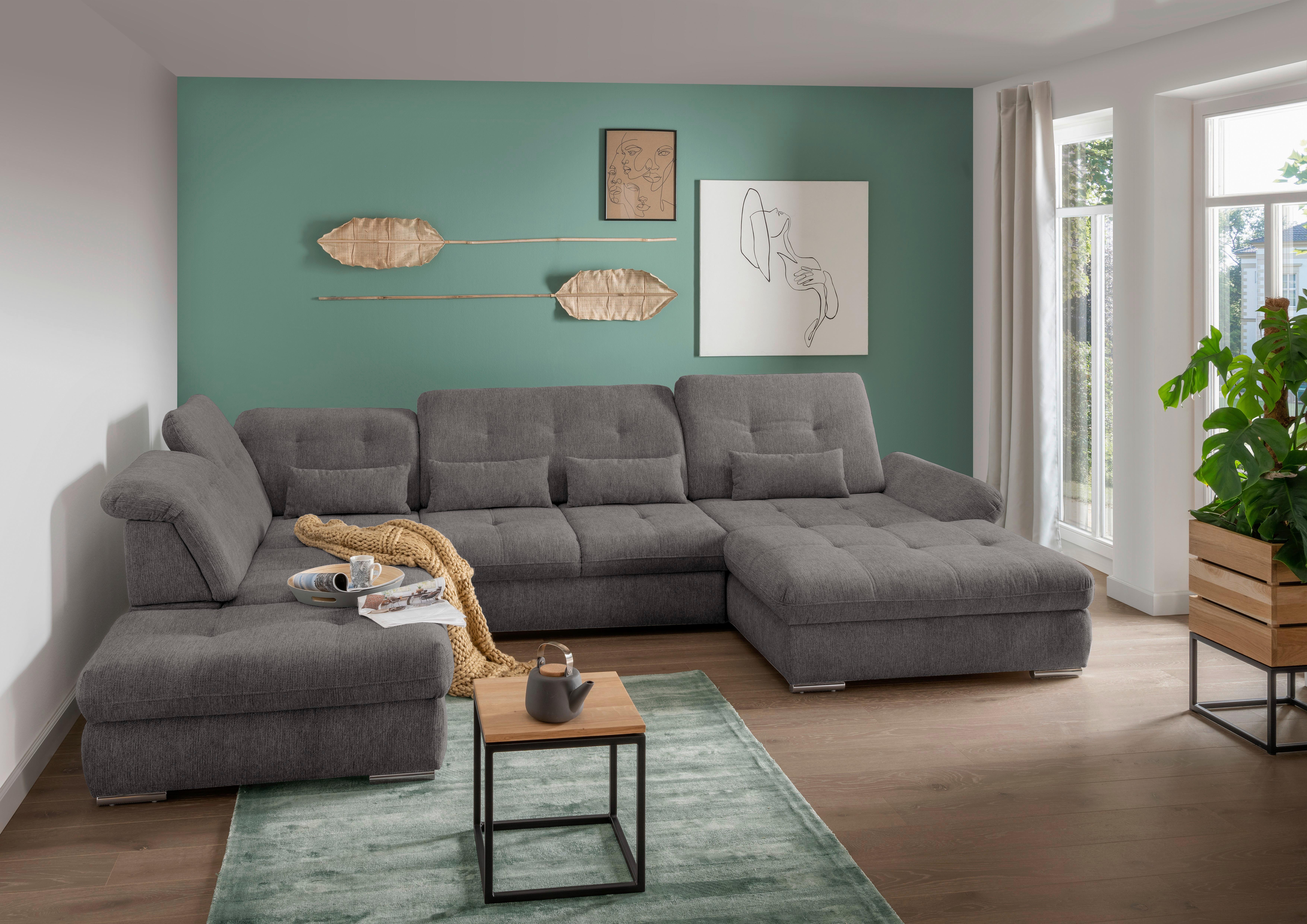 Wohnlandschaft Dalida Mit Schlaffunktion Braun/Grau - Chromfarben/Braun, Design, Textil (254/376/195cm) - Livetastic