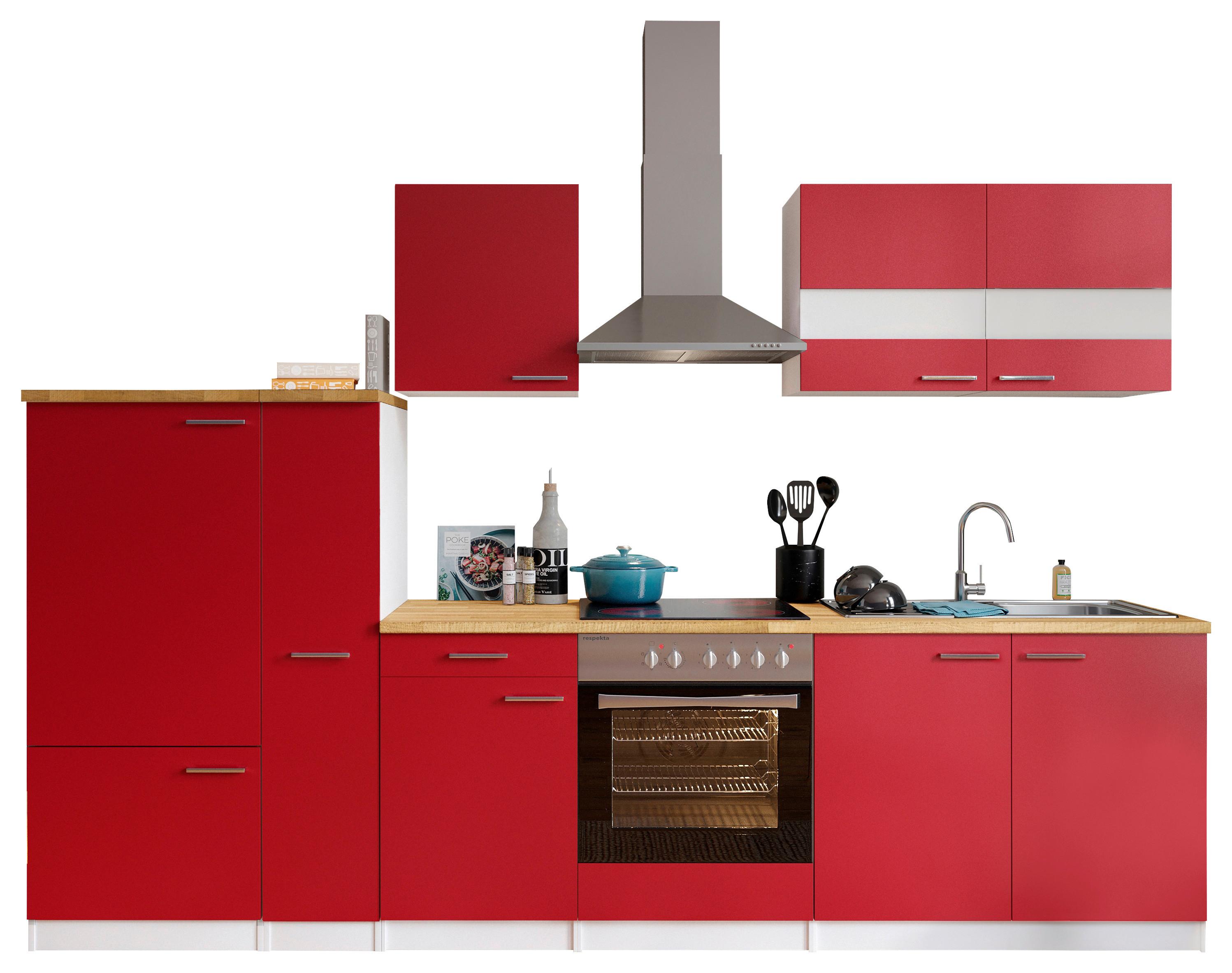 Küchenzeile ohne Geräte B: 300 cm Weiß/Rot/Nussbaum Dekor - Rot/Nussbaumfarben, Basics, Holzwerkstoff (300cm) - Respekta