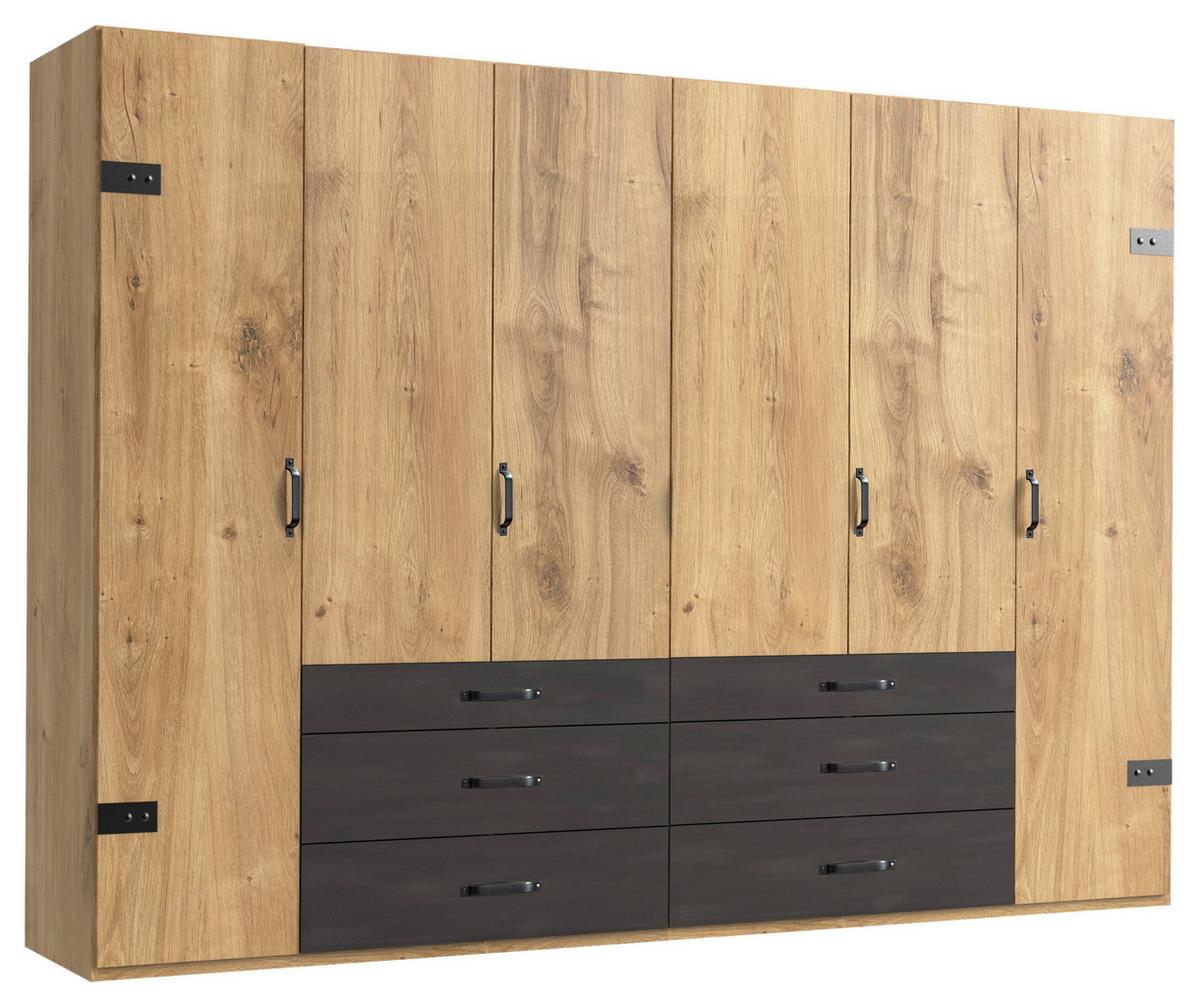 Drehtürenschrank mit Laden 300cm Detroit, Eiche/Graphit - Eichefarben/Graphitfarben, Basics, Holzwerkstoff (300/216/58cm) - MID.YOU