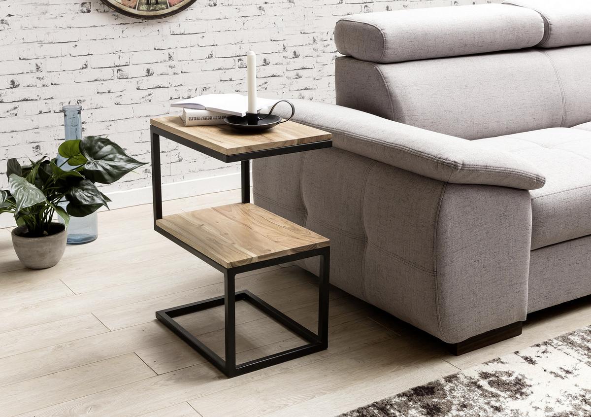 Beistelltisch S-Form Akola, Akazie Massiv/Schwarz - Schwarz/Akaziefarben, Design, Holz/Metall (45/30/60cm) - MID.YOU