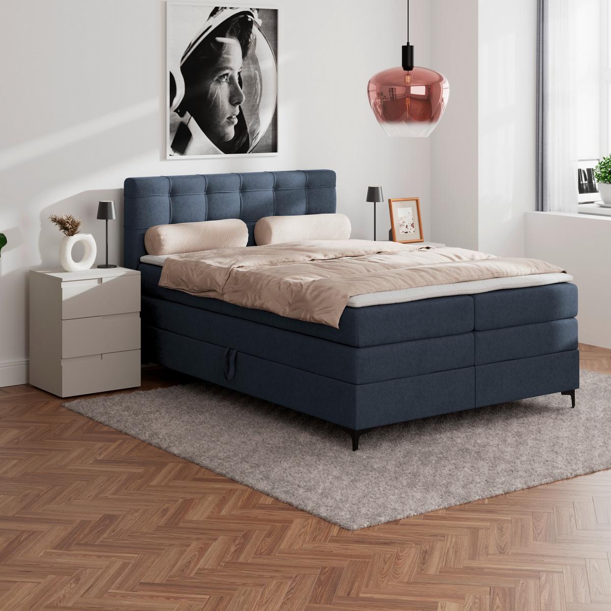 Boxspringbett MITTO Dunkelblau 140x200 cm - Schwarz/Dunkelblau, KONVENTIONELL, Textil/Metall (140/200cm)