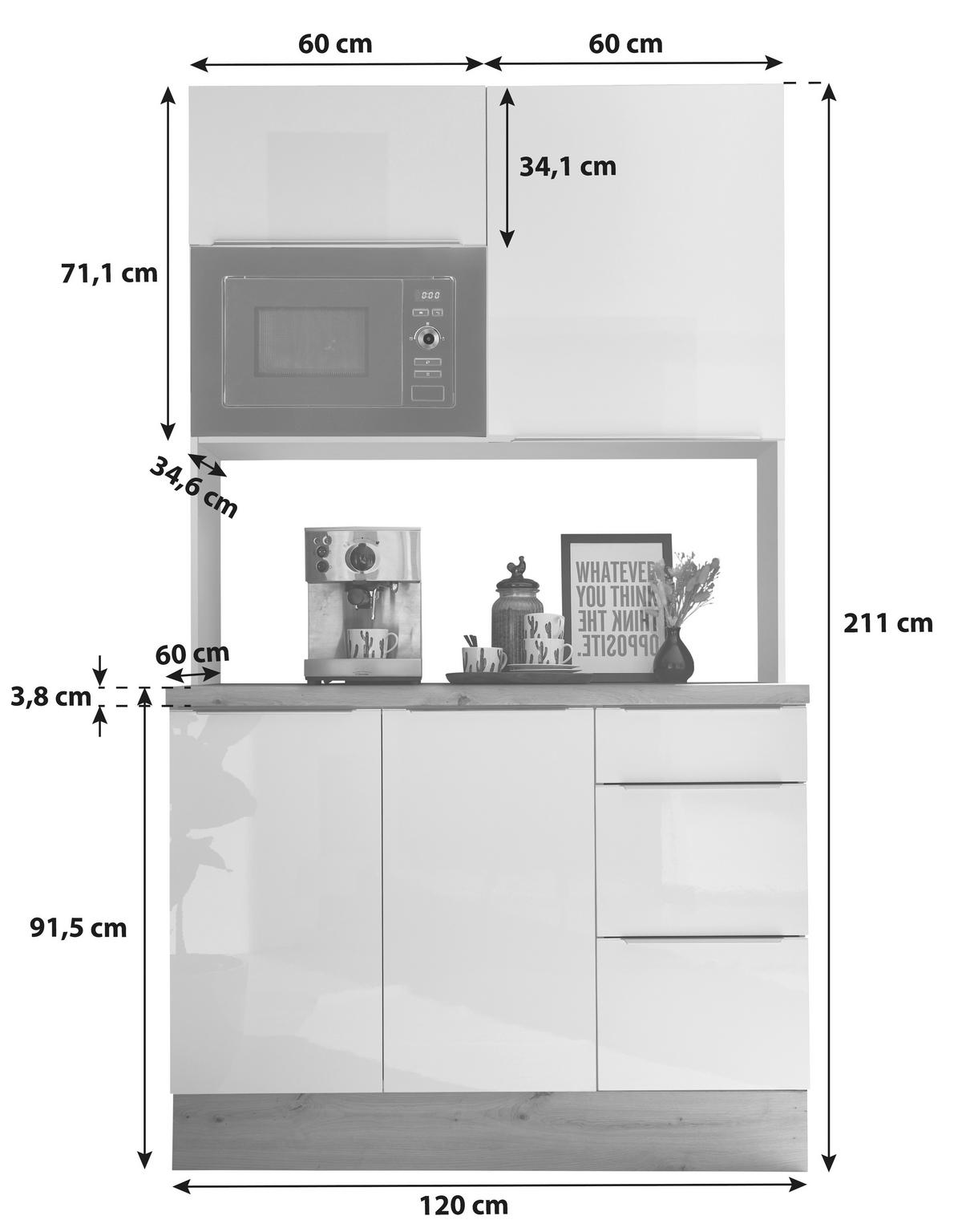 Miniküche mit Mikrowelle 120 cm Eiche Dekor/Weiß - Weiß Hochglanz/Eiche Artisan, LIFESTYLE, Holzwerkstoff (120/211/60cm) - Respekta