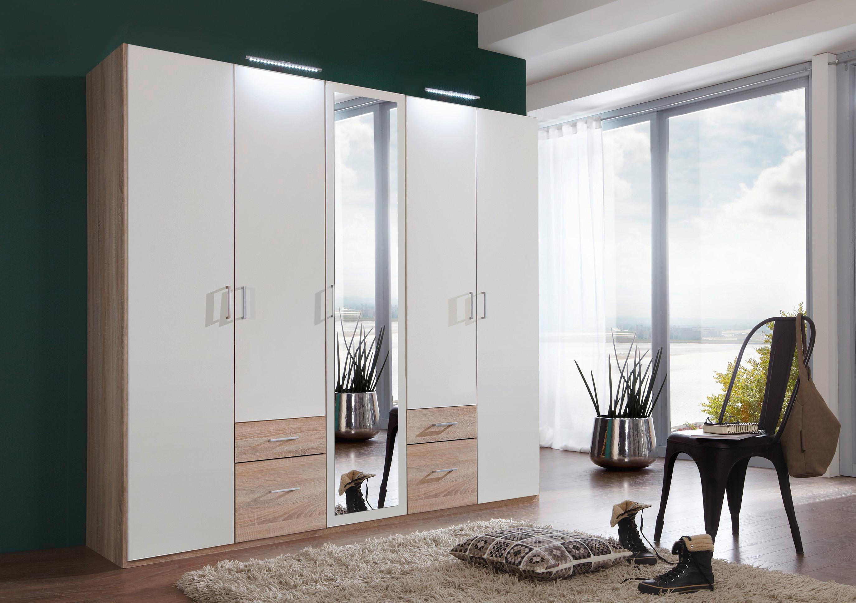 Drehtürenschrank Mit Spiegel 225cm Fly, Weiß/ Eichendekor - Eichefarben/Weiß, Design, Glas/Holzwerkstoff (225/210/58cm) - MID.YOU