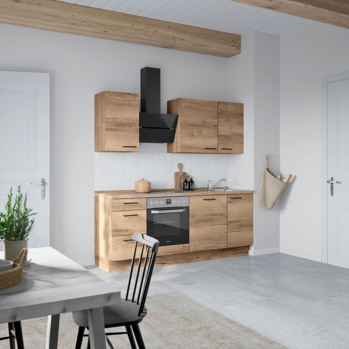 Kuchyňská linka 210 cm, dekor dub Havanna - černá/tmavý dub, Moderní, kov/kompozitní dřevo (210cm) - Nobilia