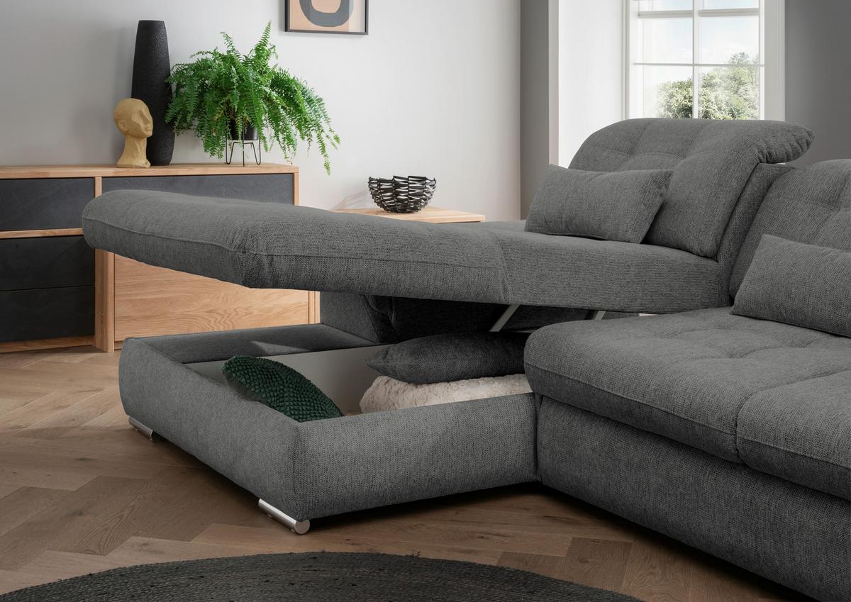 Ecksofa Mit Bettkasten Rigatti Graubraun S: 184x314cm - Chromfarben/Graubraun, MODERN, Textil (184/314cm) - Livetastic