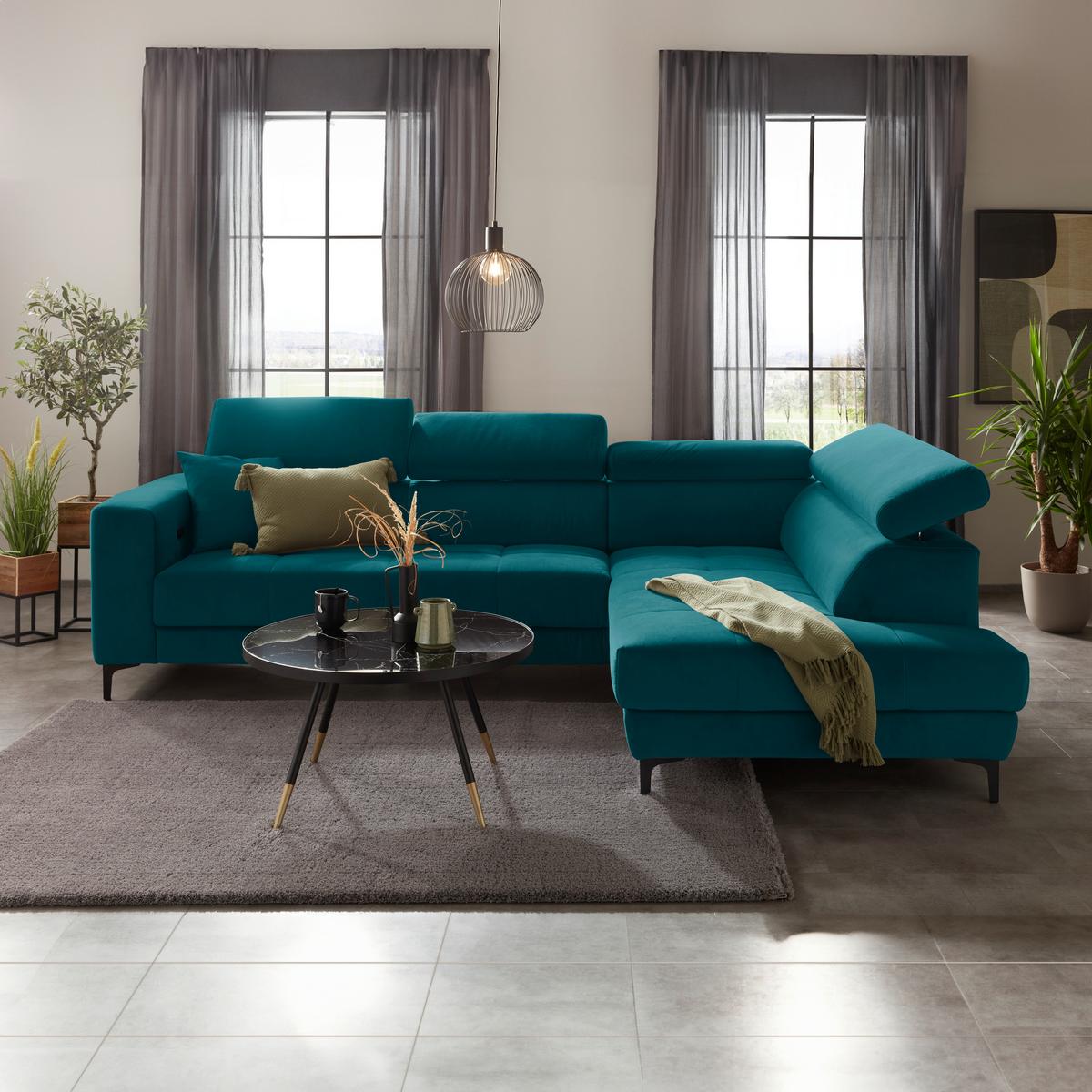 Rohová sedačka EMMA, pravá, petrolej.,op.hl.,USB,el.výsuv - petrolej/černá, Moderní, textil (301/210cm) - Premium Living