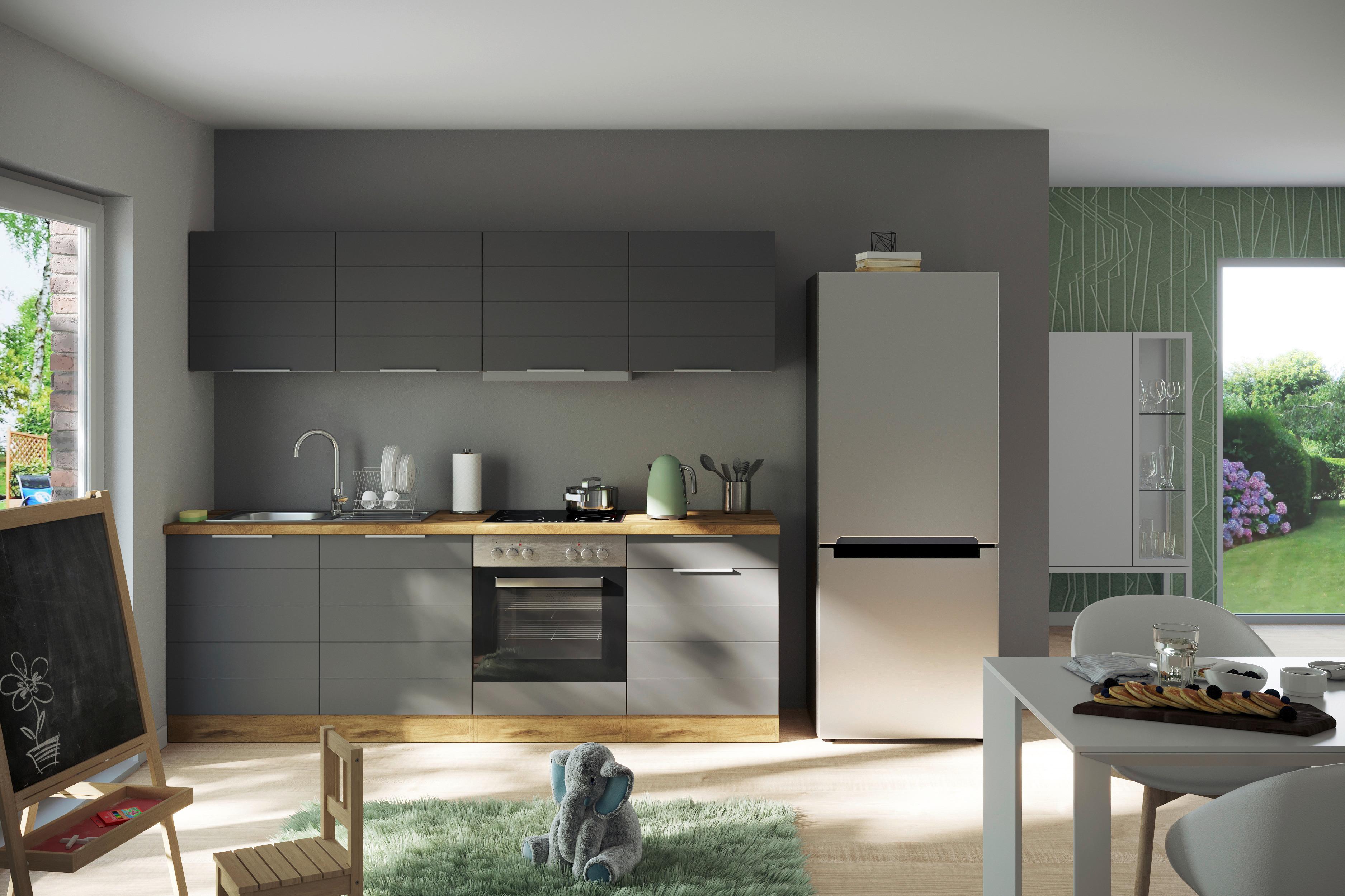 Küchenzeile Florenz ohne Geräte 240 cm Grau/Eichefarben - Eiche Wotan/Grau, Design, Holzwerkstoff (240cm) - Held