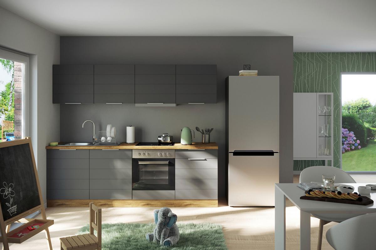 Küchenzeile Florenz ohne Geräte 240 cm Grau/Eichefarben - Eiche Wotan/Grau, Design, Holzwerkstoff (240cm) - Held