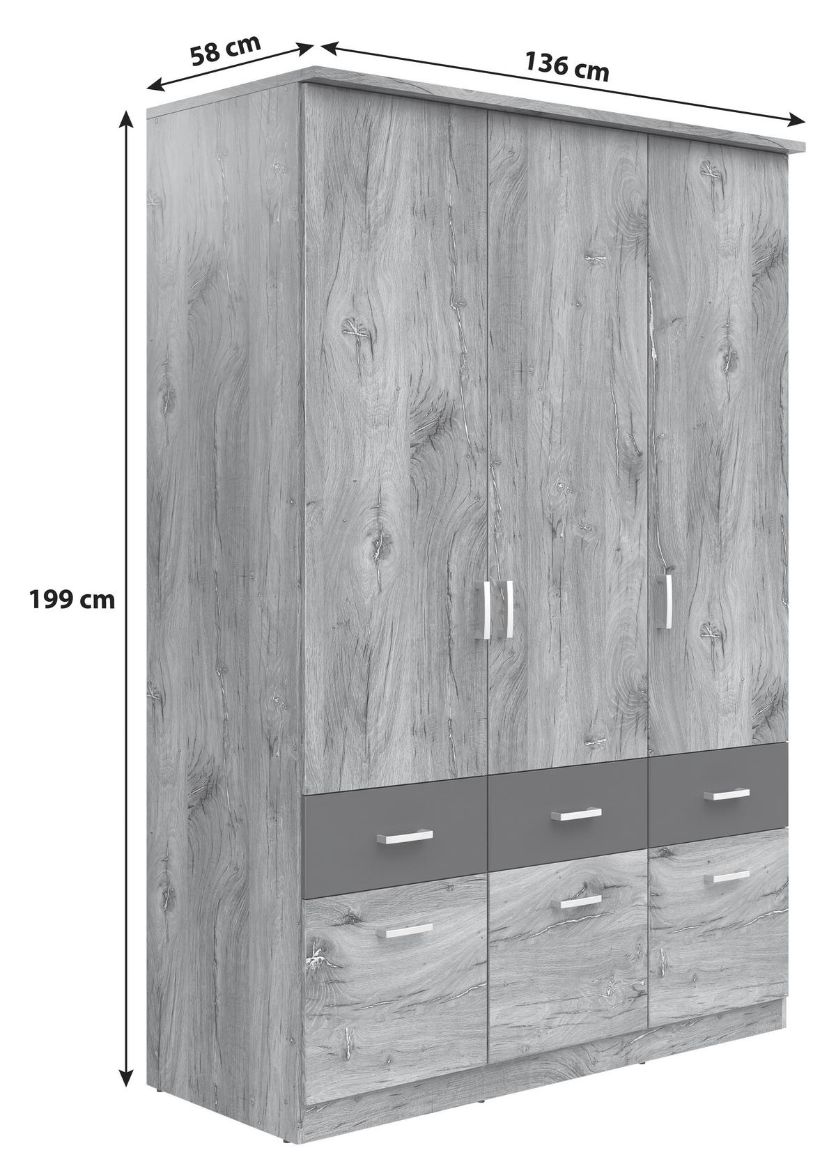 Skříň BRANDO 136cm barvy dubu/grafit - barvy dubu/barvy stříbra, Konvenční, kompozitní dřevo/plast (136/199/58cm)